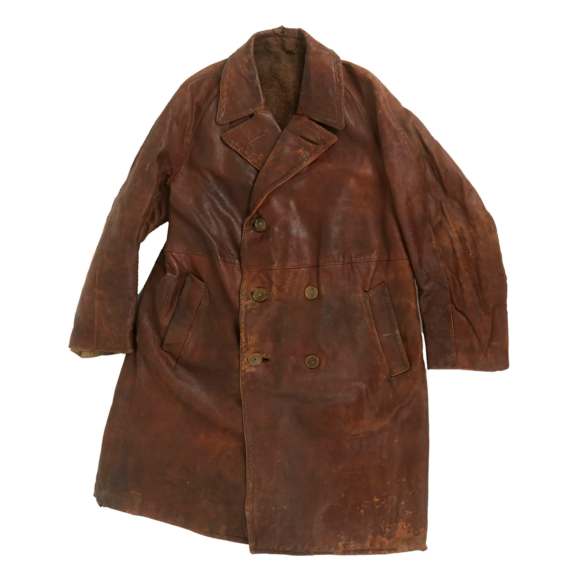 Original British WWI Era Royal Flying Corps Aviator Full Length Leather Flying Coat with Wool Liner