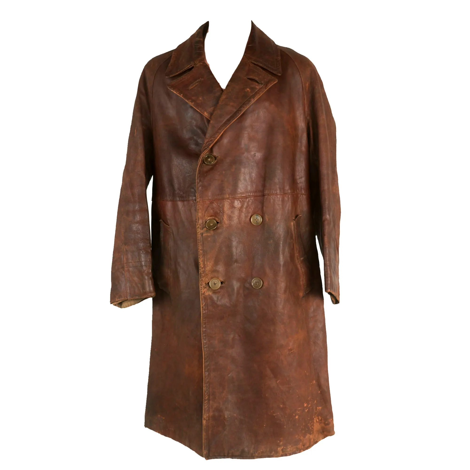 Original British WWI Era Royal Flying Corps Aviator Full Length Leather Flying Coat with Wool Liner