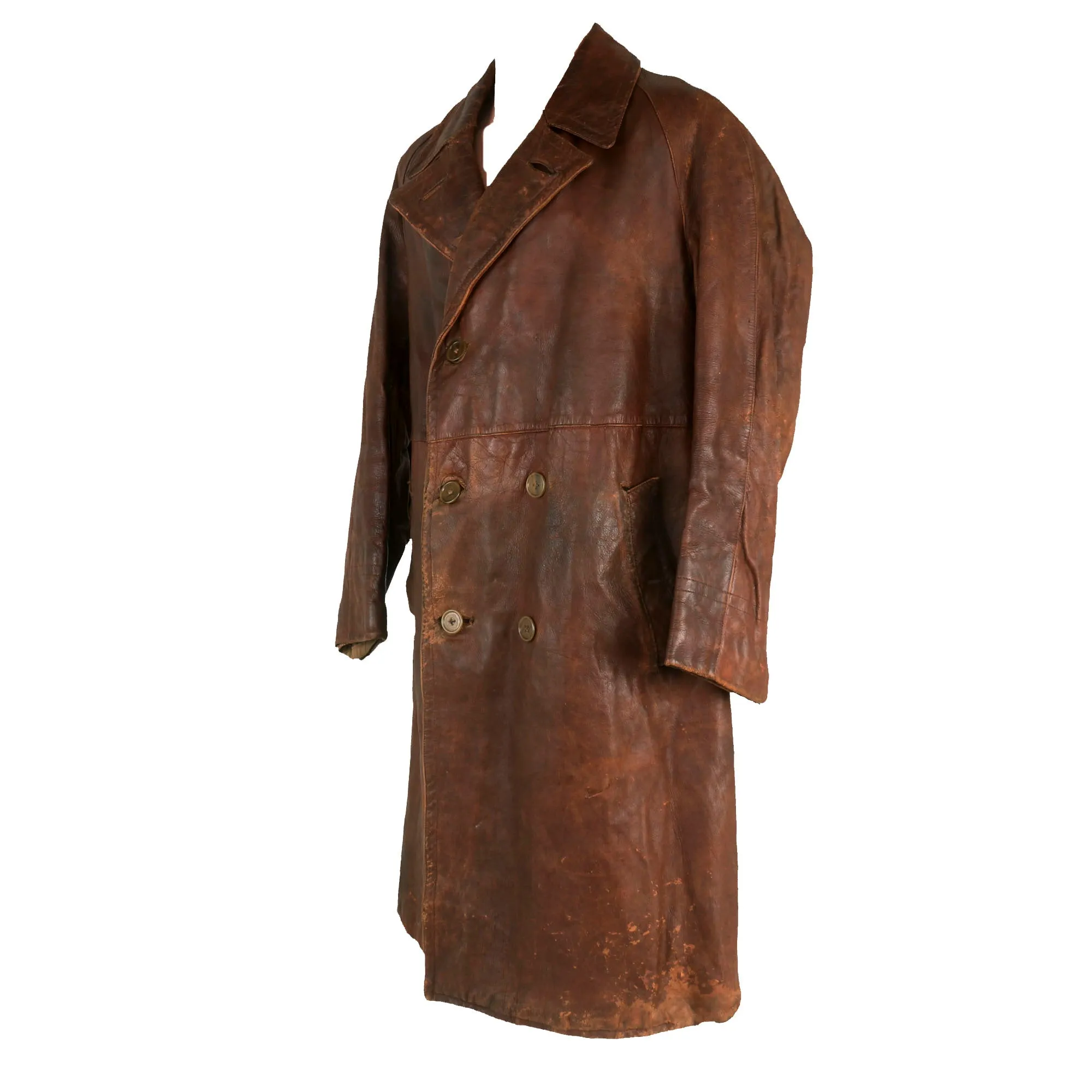 Original British WWI Era Royal Flying Corps Aviator Full Length Leather Flying Coat with Wool Liner