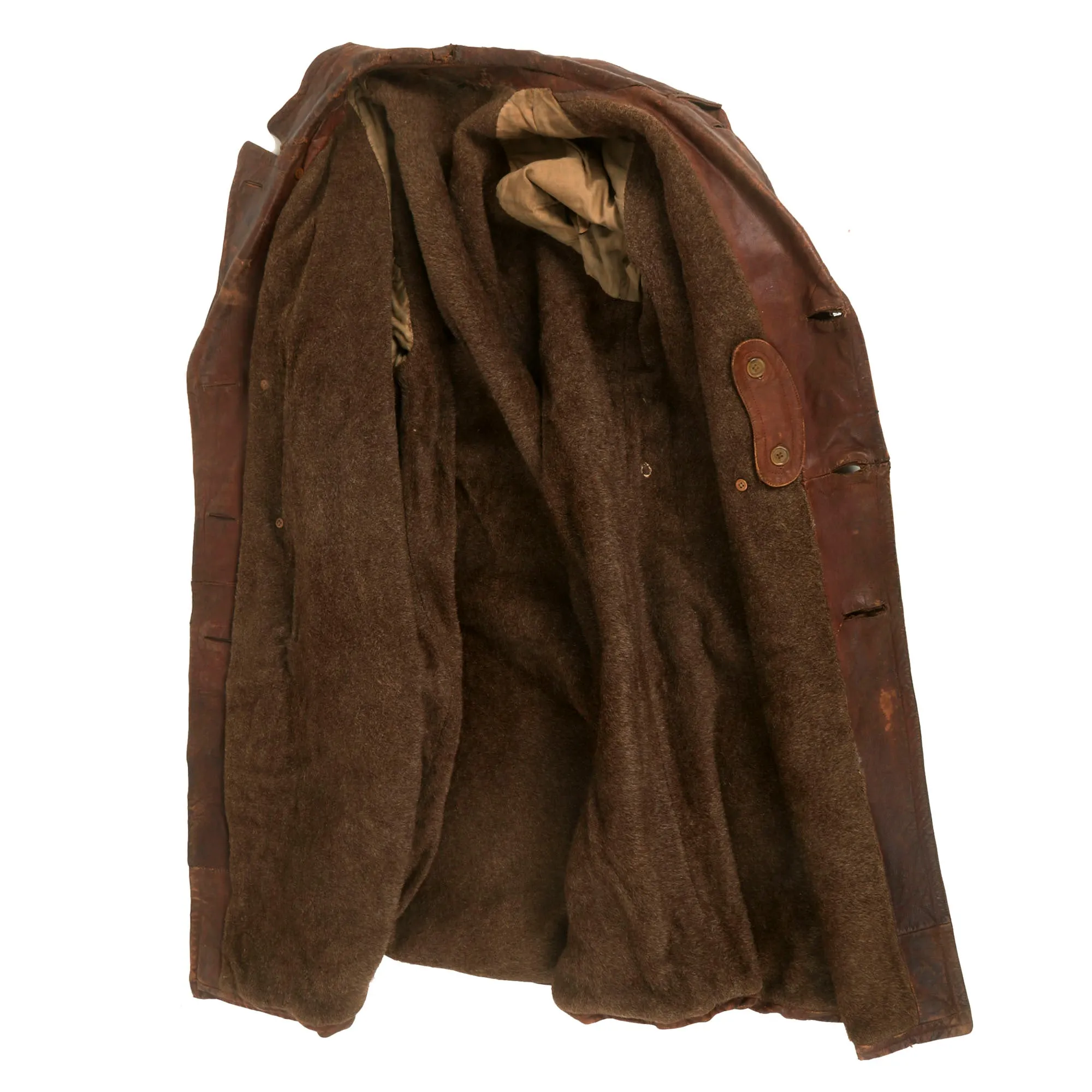 Original British WWI Era Royal Flying Corps Aviator Full Length Leather Flying Coat with Wool Liner