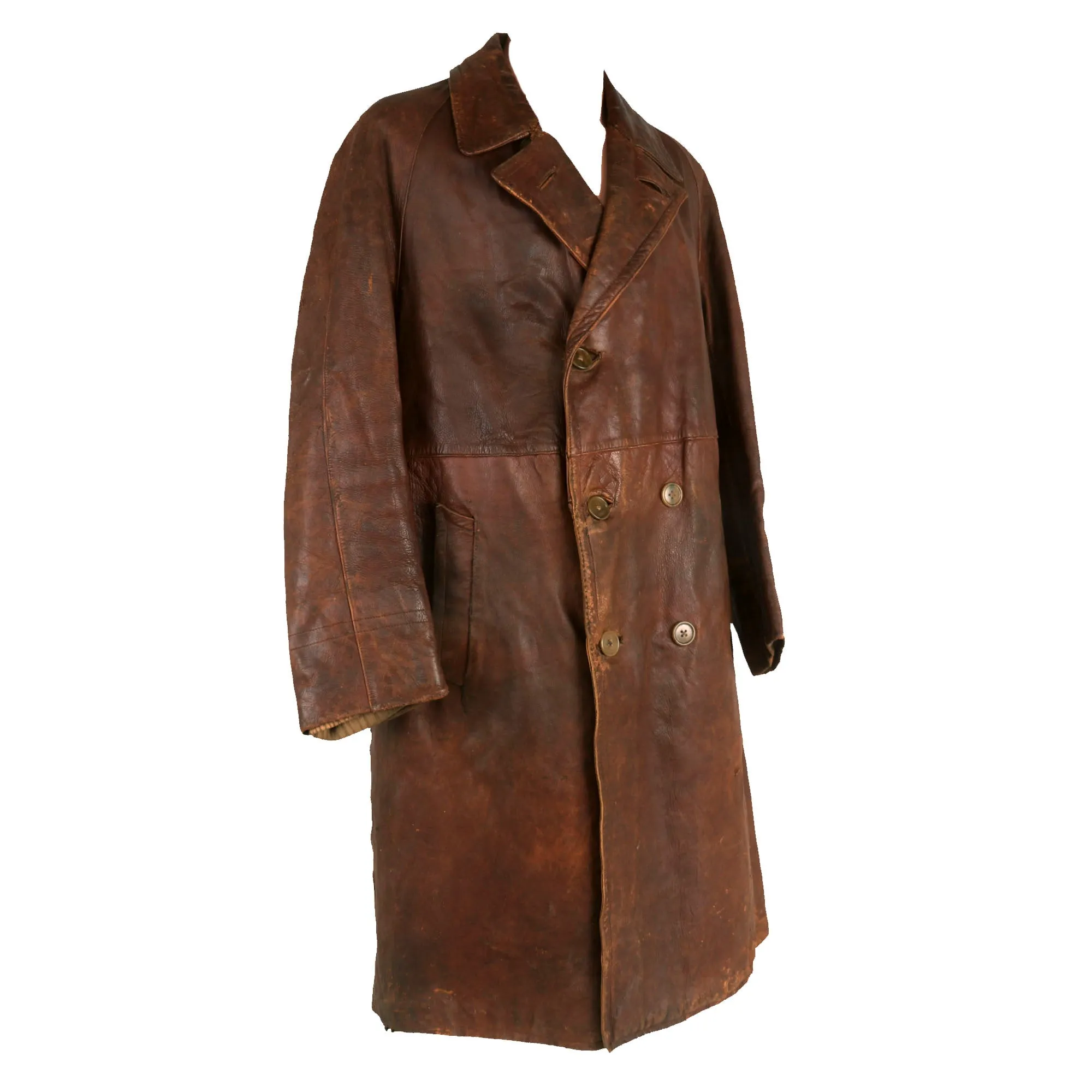 Original British WWI Era Royal Flying Corps Aviator Full Length Leather Flying Coat with Wool Liner