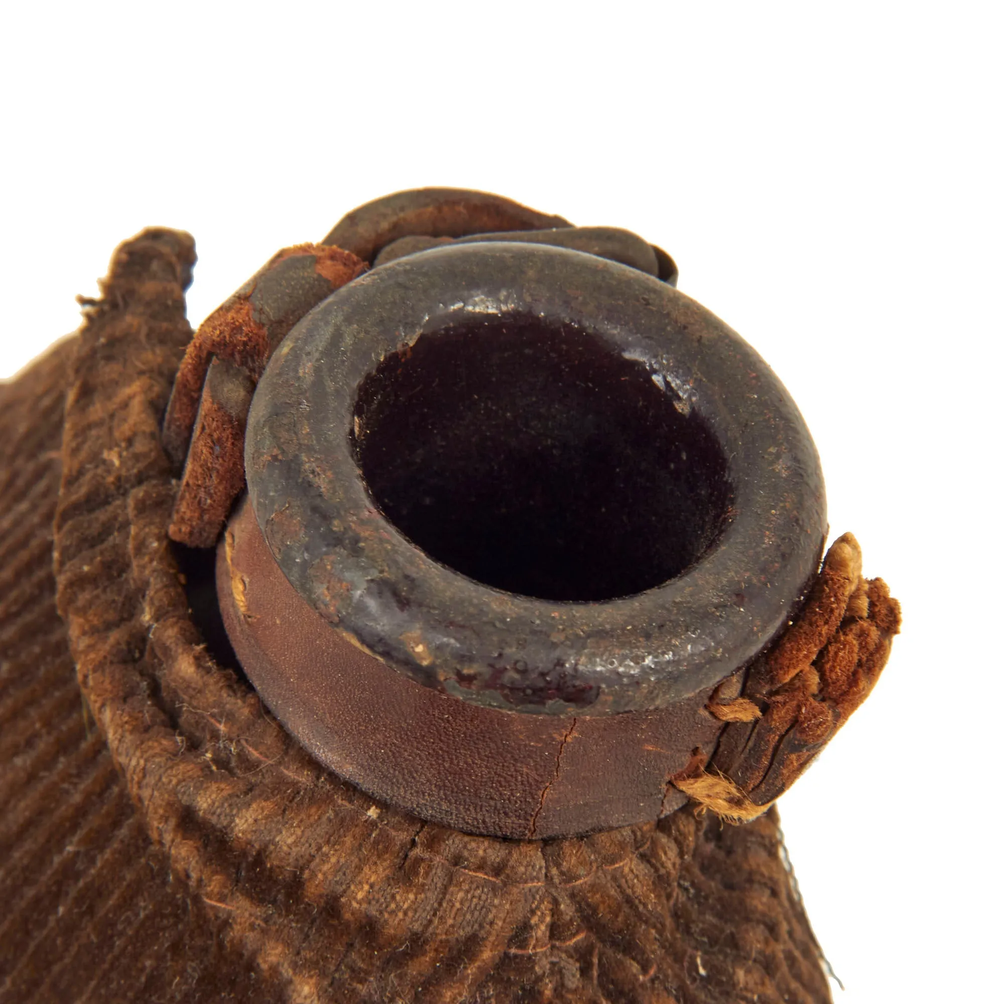 Original German WWI Infantry M1915 Canteen Feldflasche With Corduroy Cover That Features Bavarian Pickelhaube Wappen Front Plate