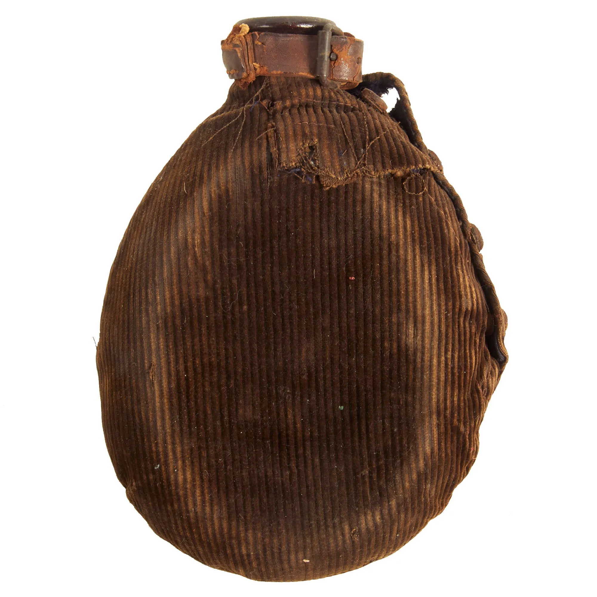 Original German WWI Infantry M1915 Canteen Feldflasche With Corduroy Cover That Features Bavarian Pickelhaube Wappen Front Plate