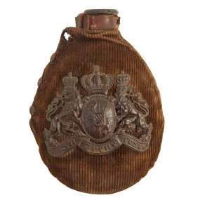 Original German WWI Infantry M1915 Canteen Feldflasche With Corduroy Cover That Features Bavarian Pickelhaube Wappen Front Plate