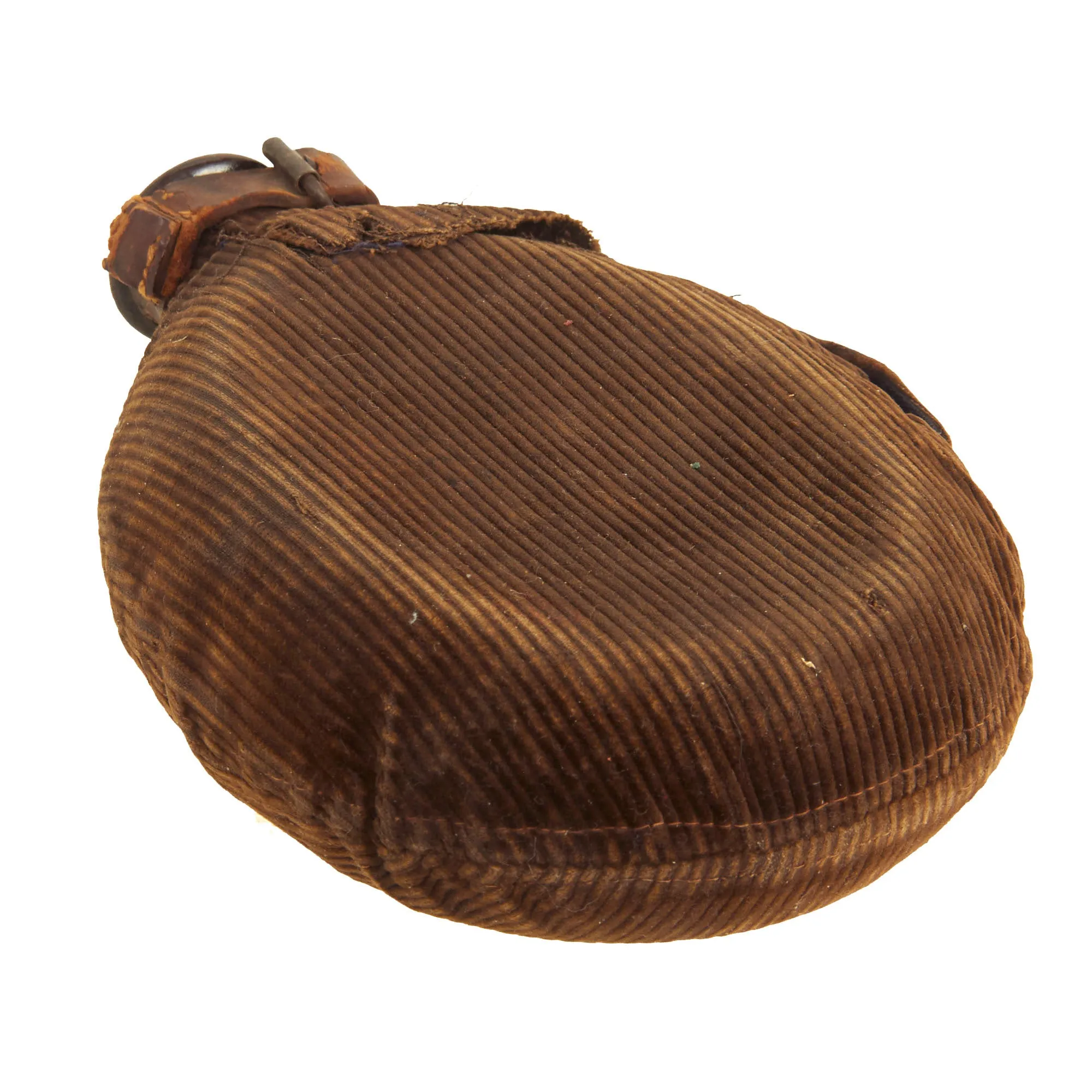 Original German WWI Infantry M1915 Canteen Feldflasche With Corduroy Cover That Features Bavarian Pickelhaube Wappen Front Plate