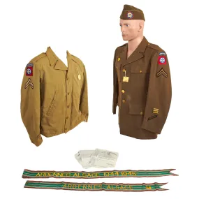 Original U.S. WWII Named 82nd Airborne Uniform Grouping Featuring Custom Camouflage Parachute Silk Lined Overseas Cap - With Documents