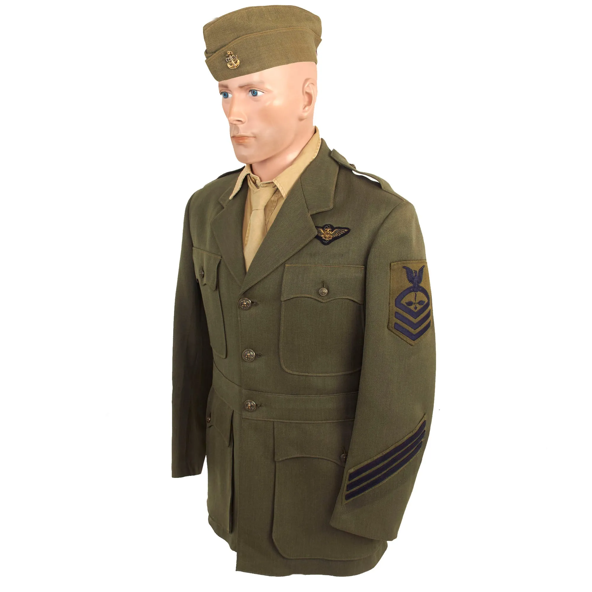 Original U.S. WWII US Navy Aviation Winter Working Uniform Set With Jacket, Shirt, Tie, Trousers and Overseas Cap - Chief Aerographer's Mate