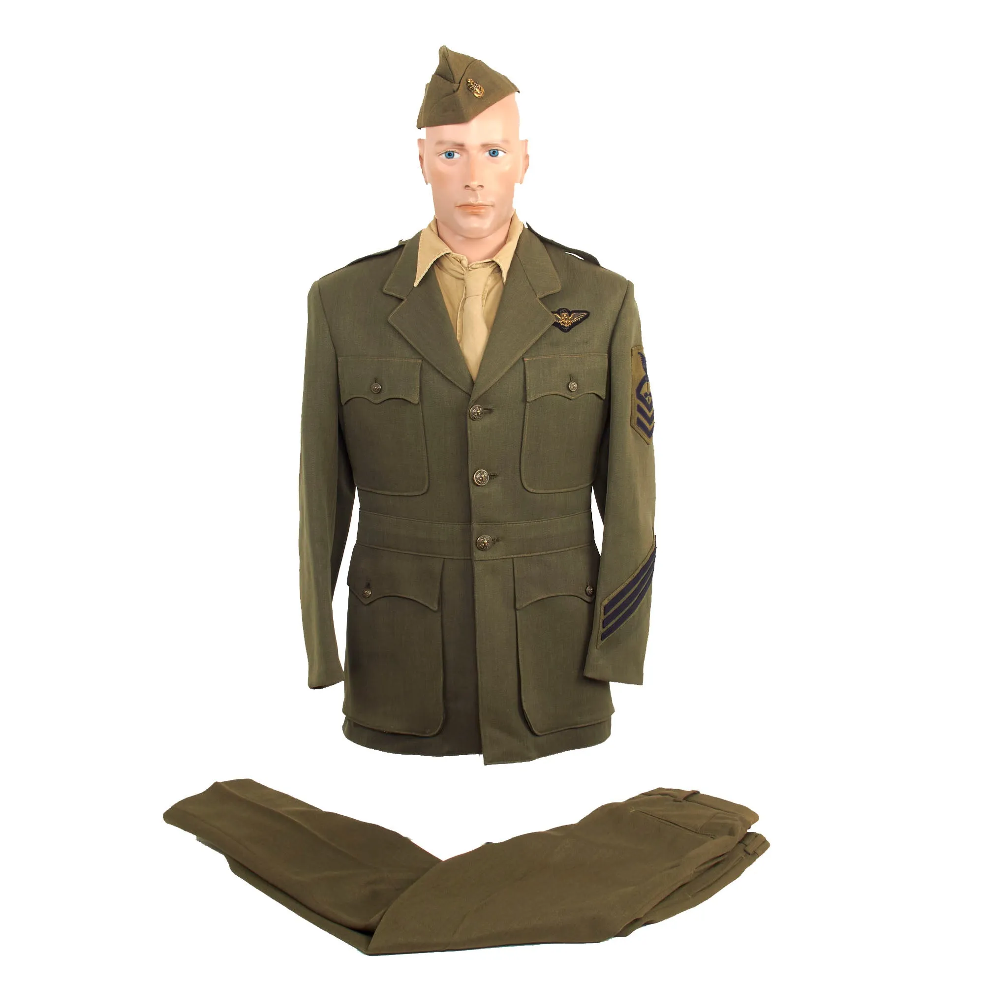 Original U.S. WWII US Navy Aviation Winter Working Uniform Set With Jacket, Shirt, Tie, Trousers and Overseas Cap - Chief Aerographer's Mate