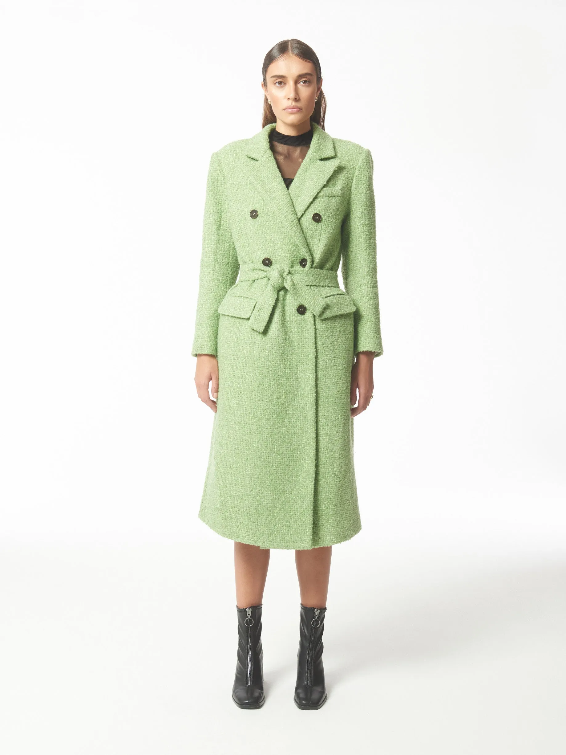 Oversized Metallic Thread Peak-lapels Bouclé Tweed Coat in Pistachio Green