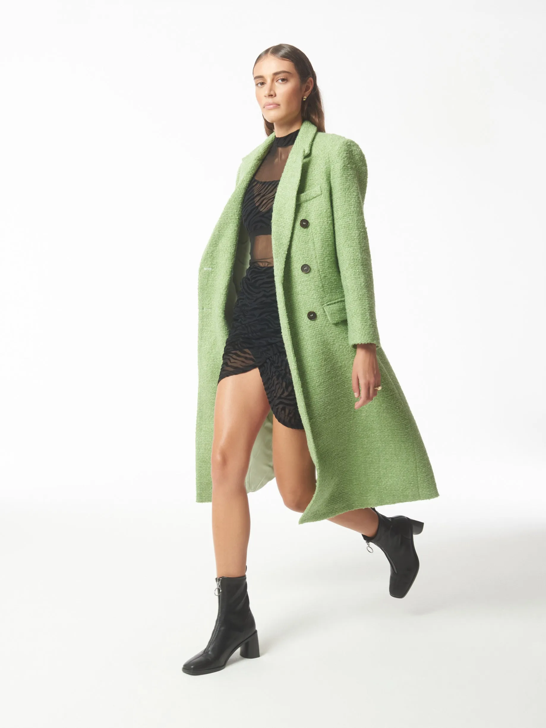 Oversized Metallic Thread Peak-lapels Bouclé Tweed Coat in Pistachio Green