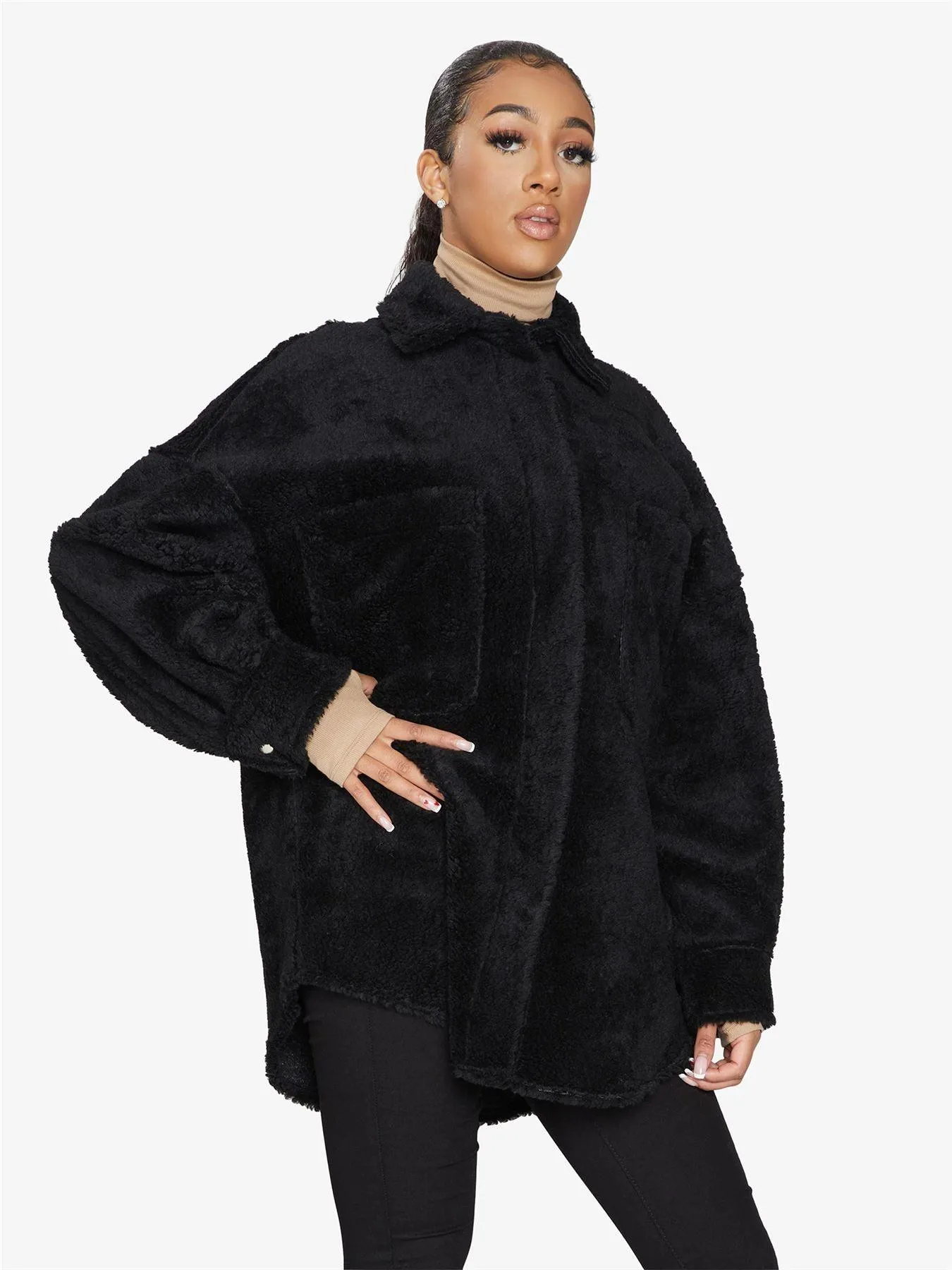 Oversized Patch Pocket Borg Teddy Shacket