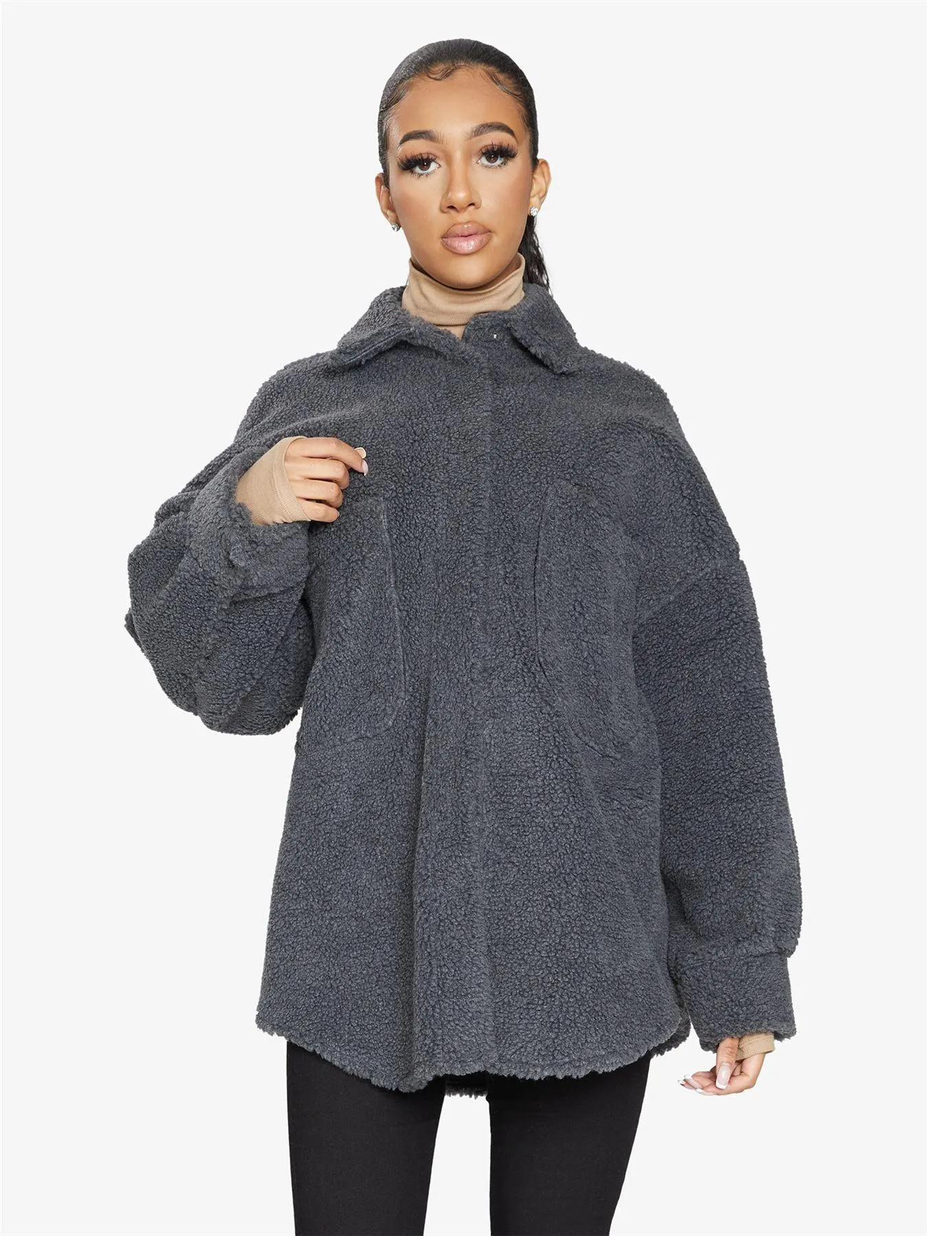 Oversized Patch Pocket Borg Teddy Shacket