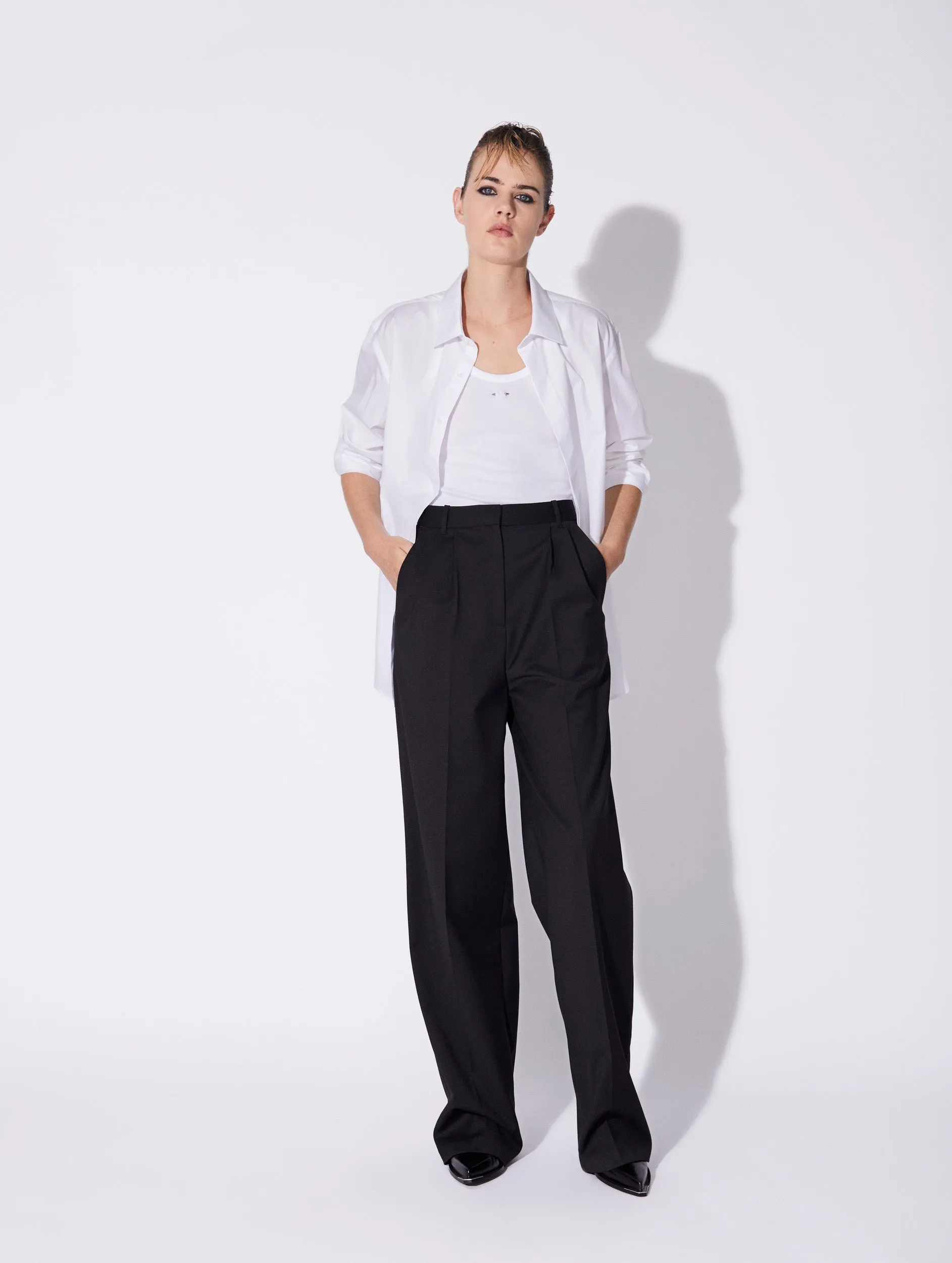 Pantalon à plis taille haute en laine stretch noir