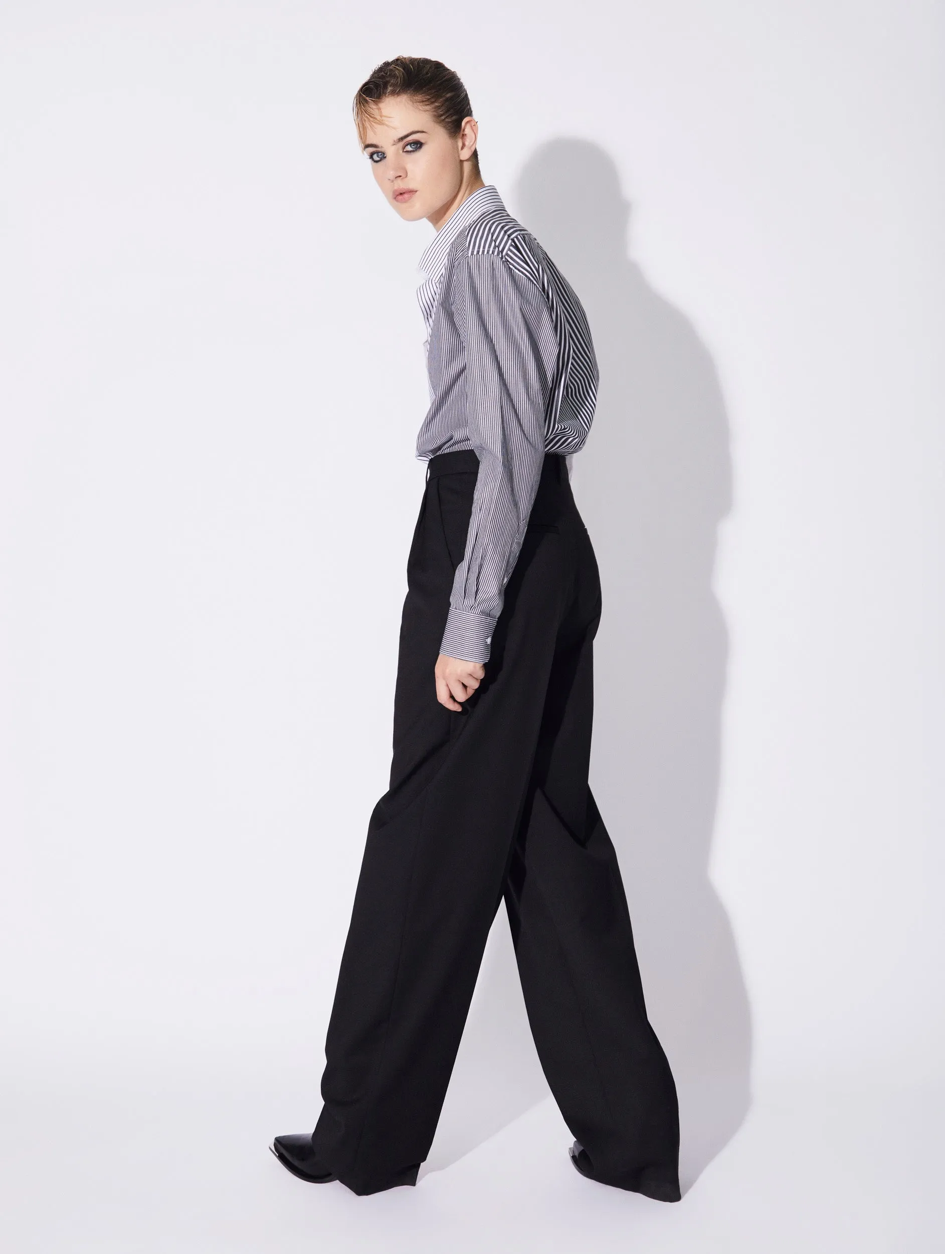 Pantalon à plis taille haute en laine stretch noir