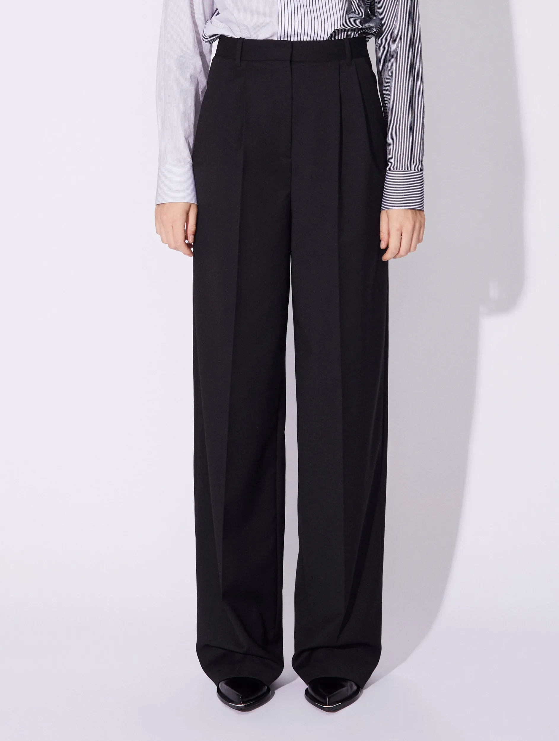 Pantalon à plis taille haute en laine stretch noir