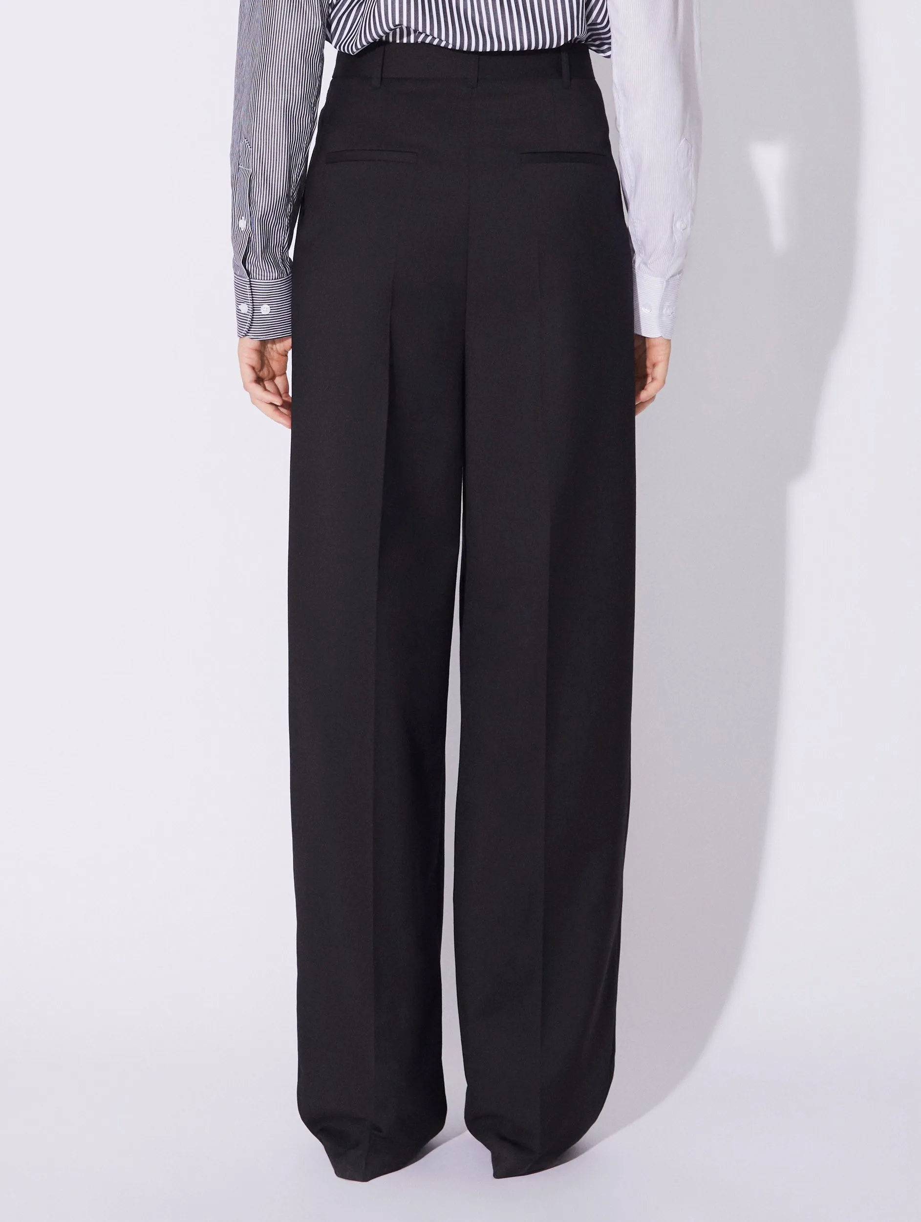 Pantalon à plis taille haute en laine stretch noir