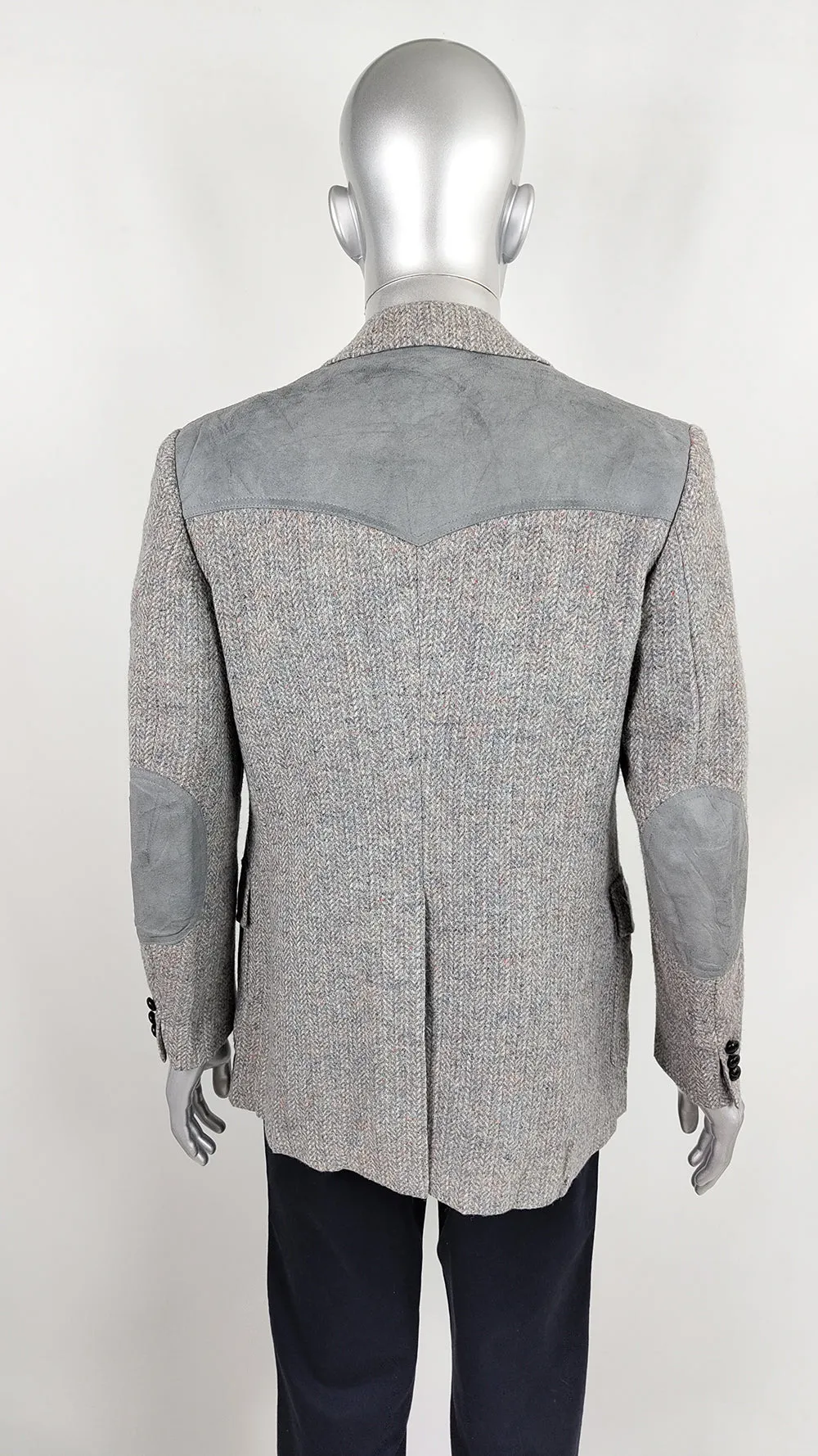 Pendleton Vintage Mens Grey Herringbone Tweed & Suede Blazer, 1970s