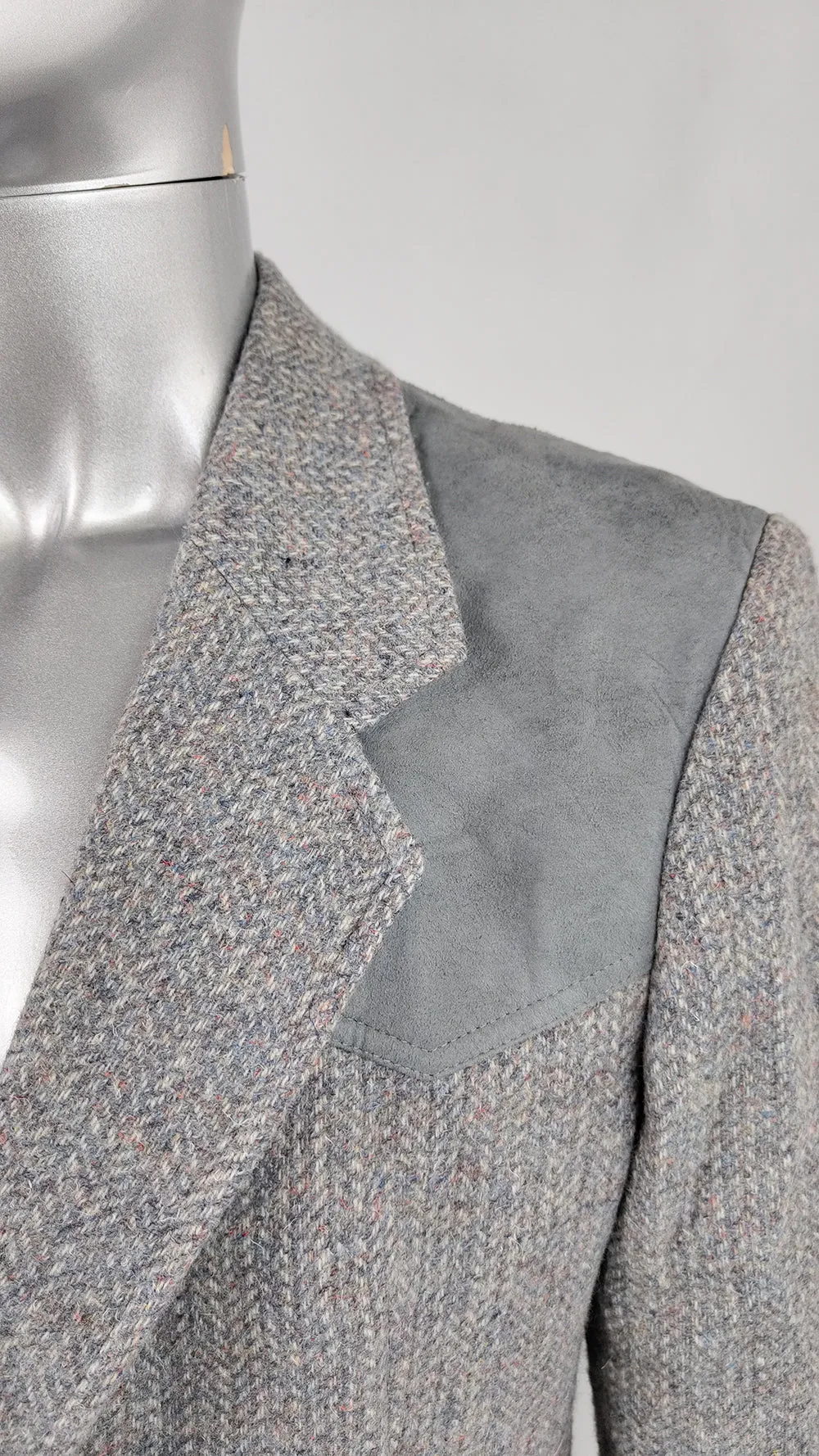 Pendleton Vintage Mens Grey Herringbone Tweed & Suede Blazer, 1970s