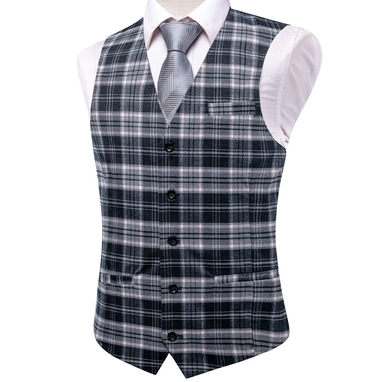 Pink Grey Plaid Wool Splicing Jacquard Men's Vest