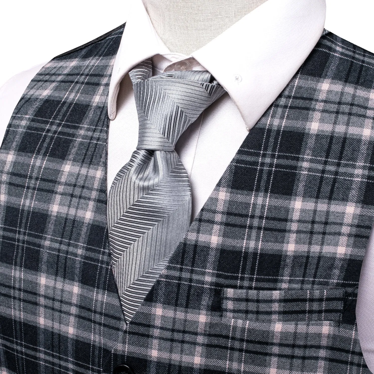 Pink Grey Plaid Wool Splicing Jacquard Men's Vest