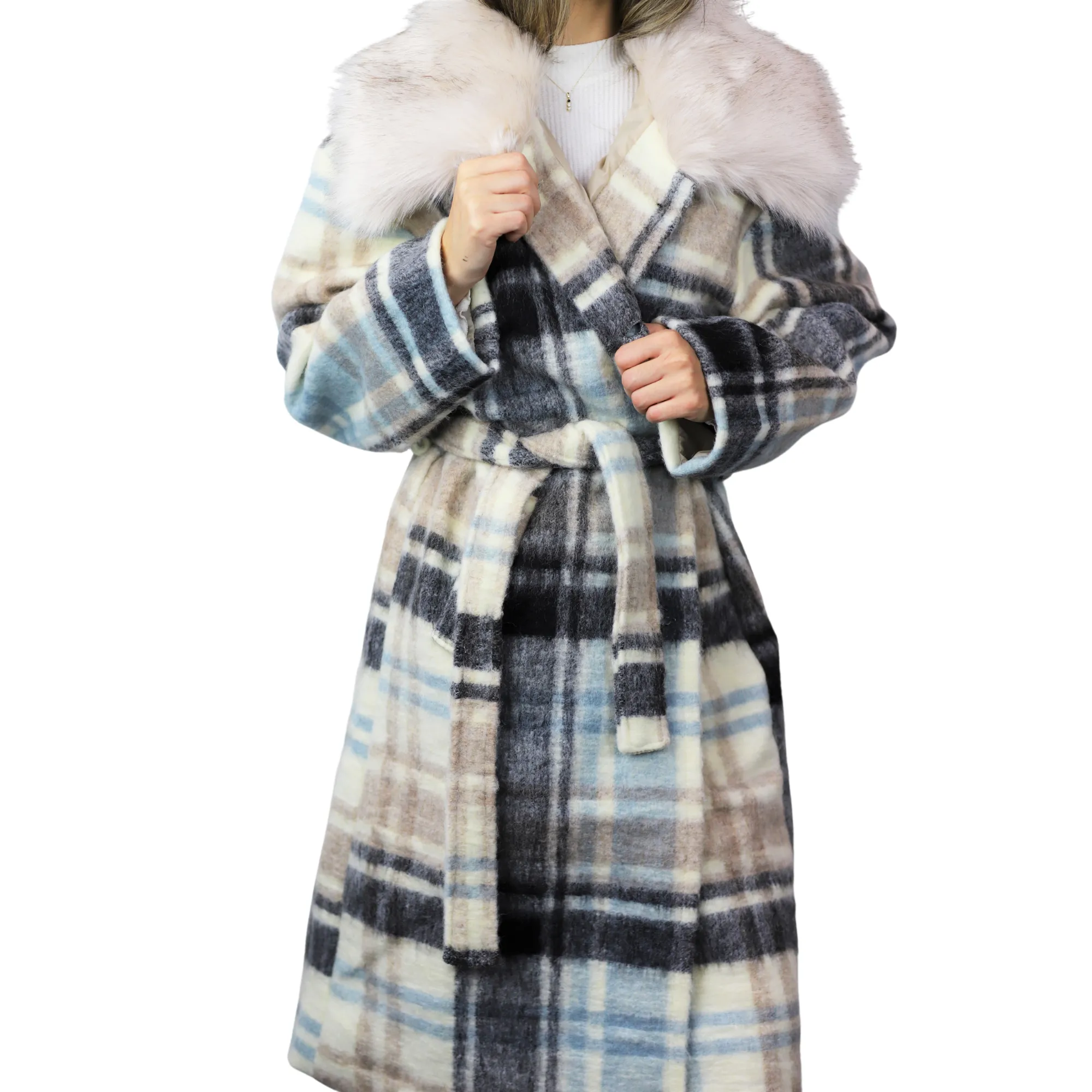 Plaid Long Coat with Trim / Tie Waist - White