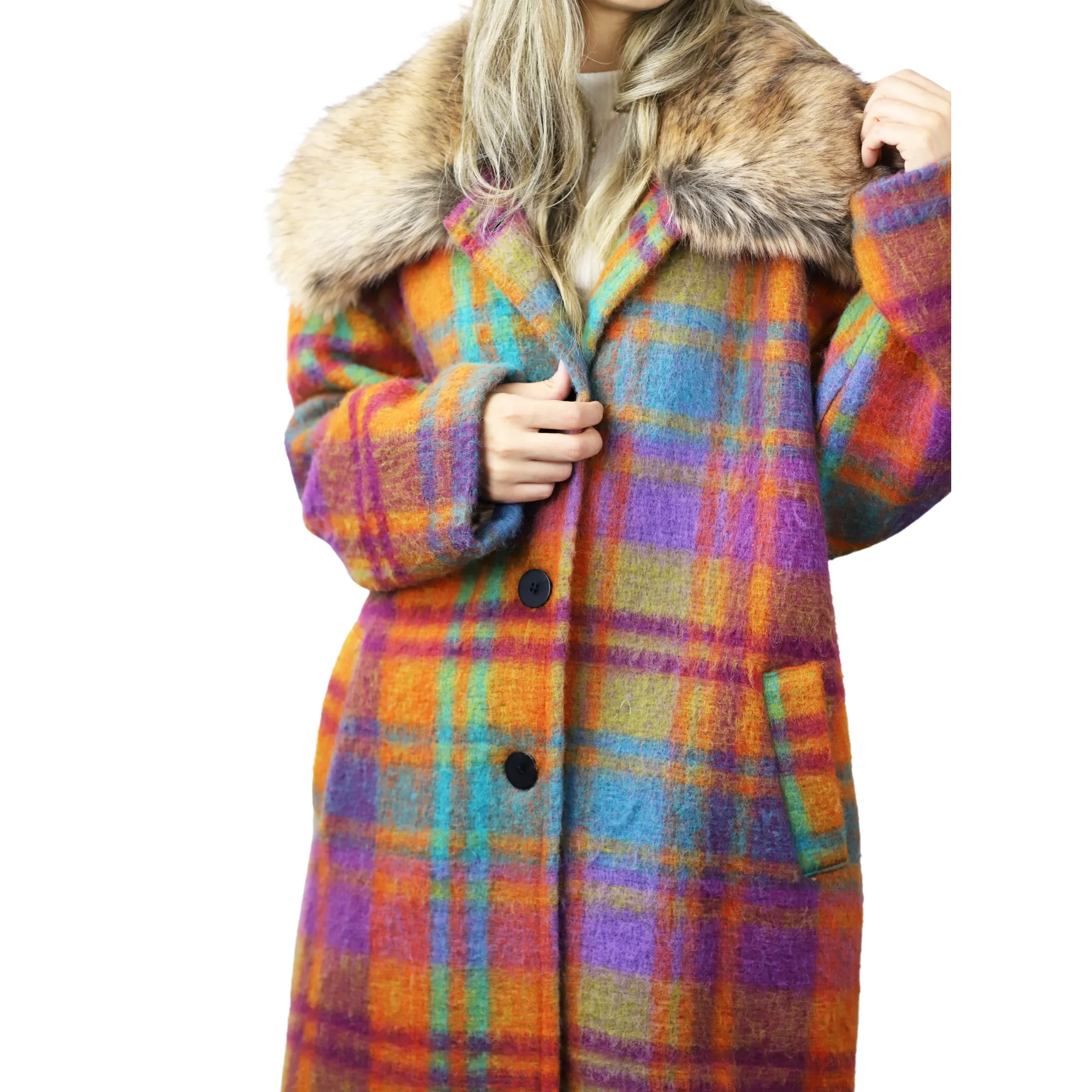 Plaid Mid length Coat with Trim - Orange