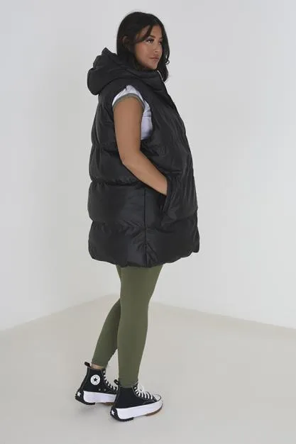 PLUS SIZE BLACK MATTE PU PADDED PUFFER GILET