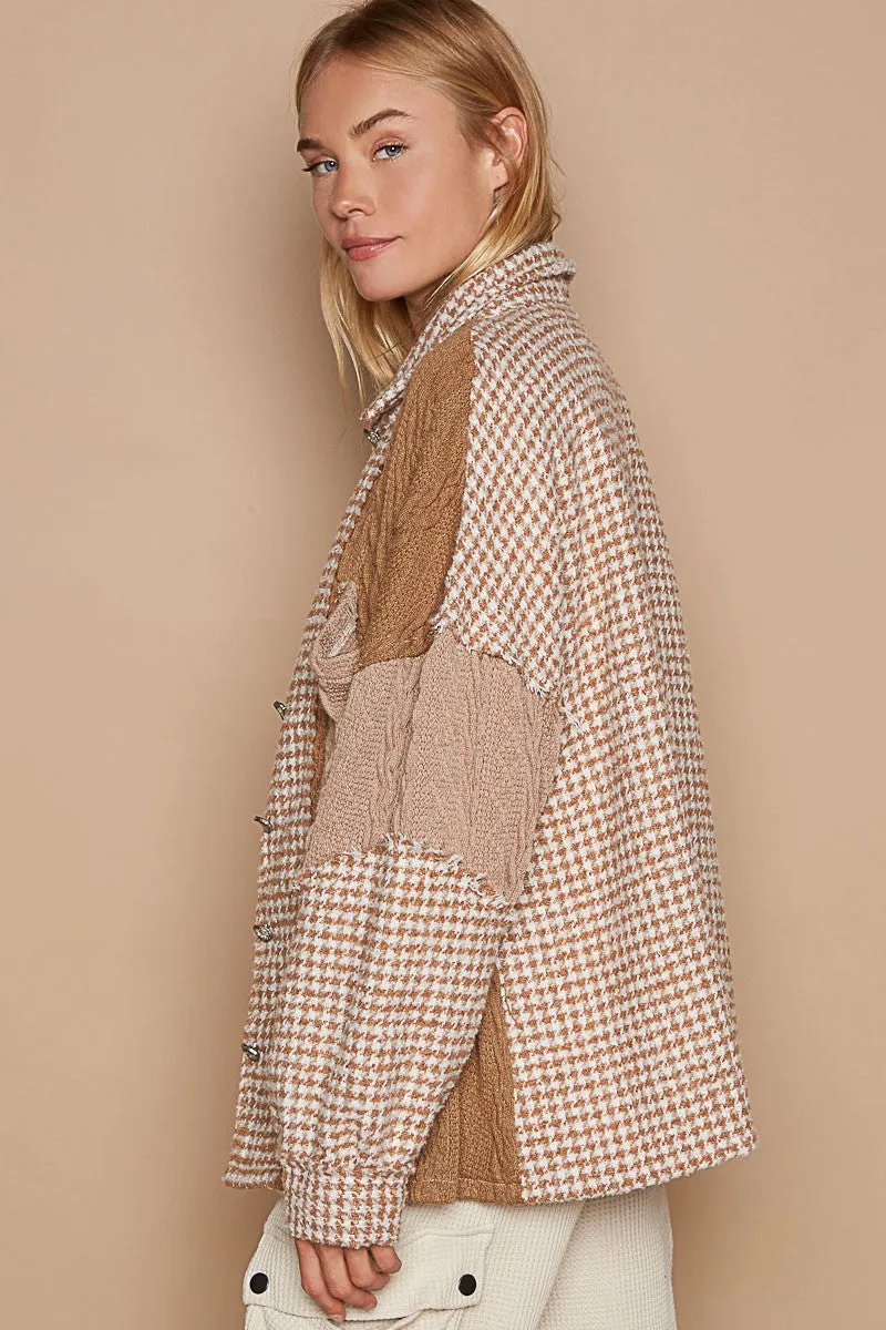 POL Houndstooth Panel Shacket in Mocha Multi