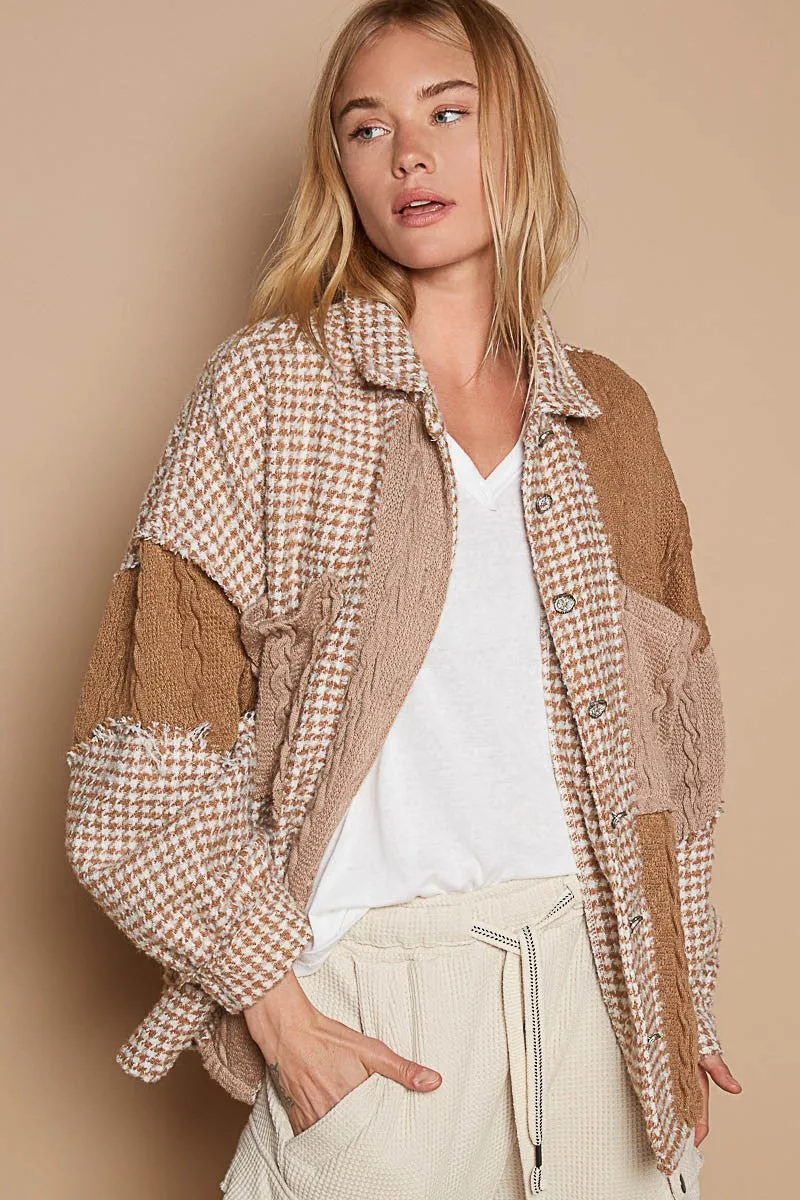 POL Houndstooth Panel Shacket in Mocha Multi