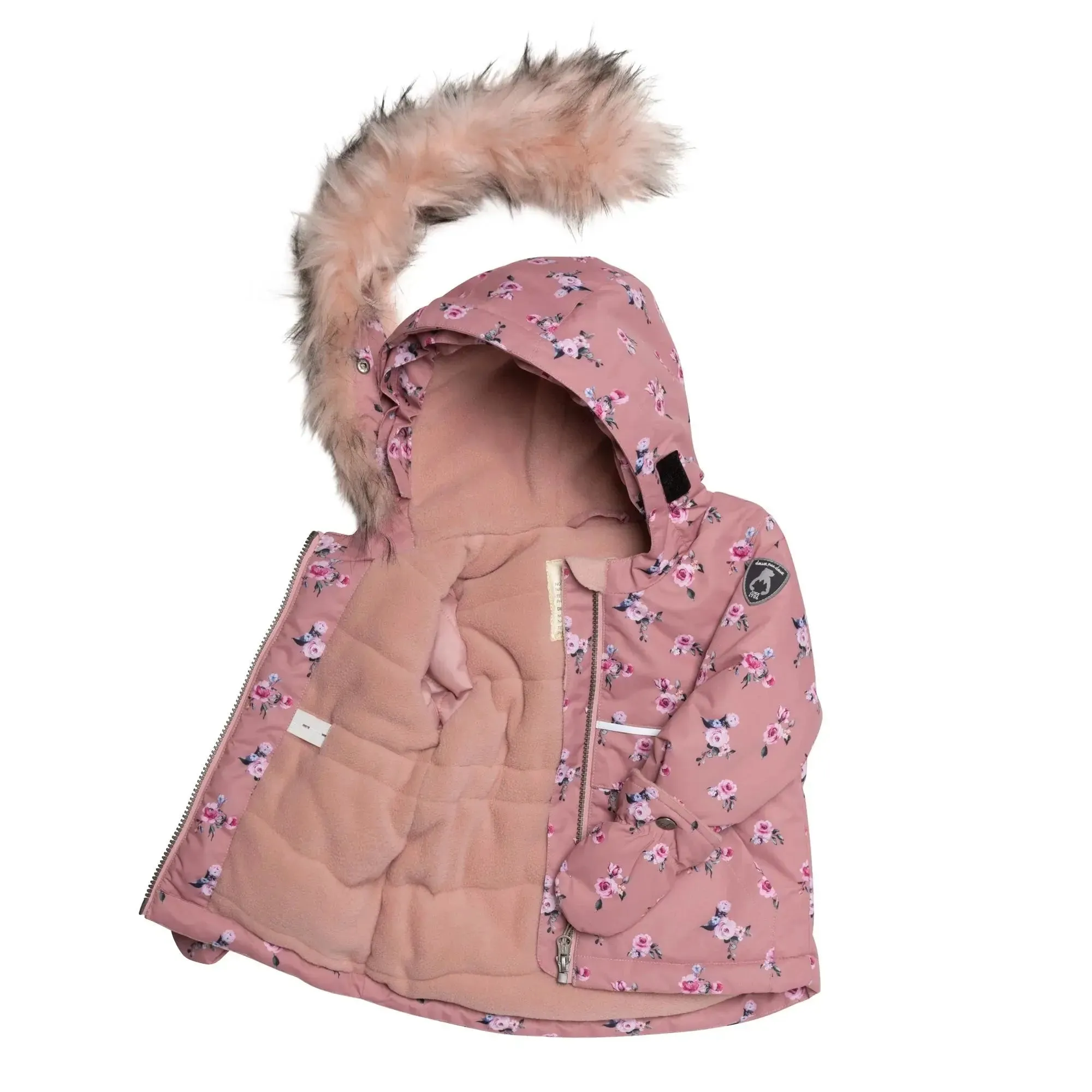 Printed Mini Roses Two Piece Girls Snowsuit With Solid Pant Dusty Rose | DEUX PAR DEUX