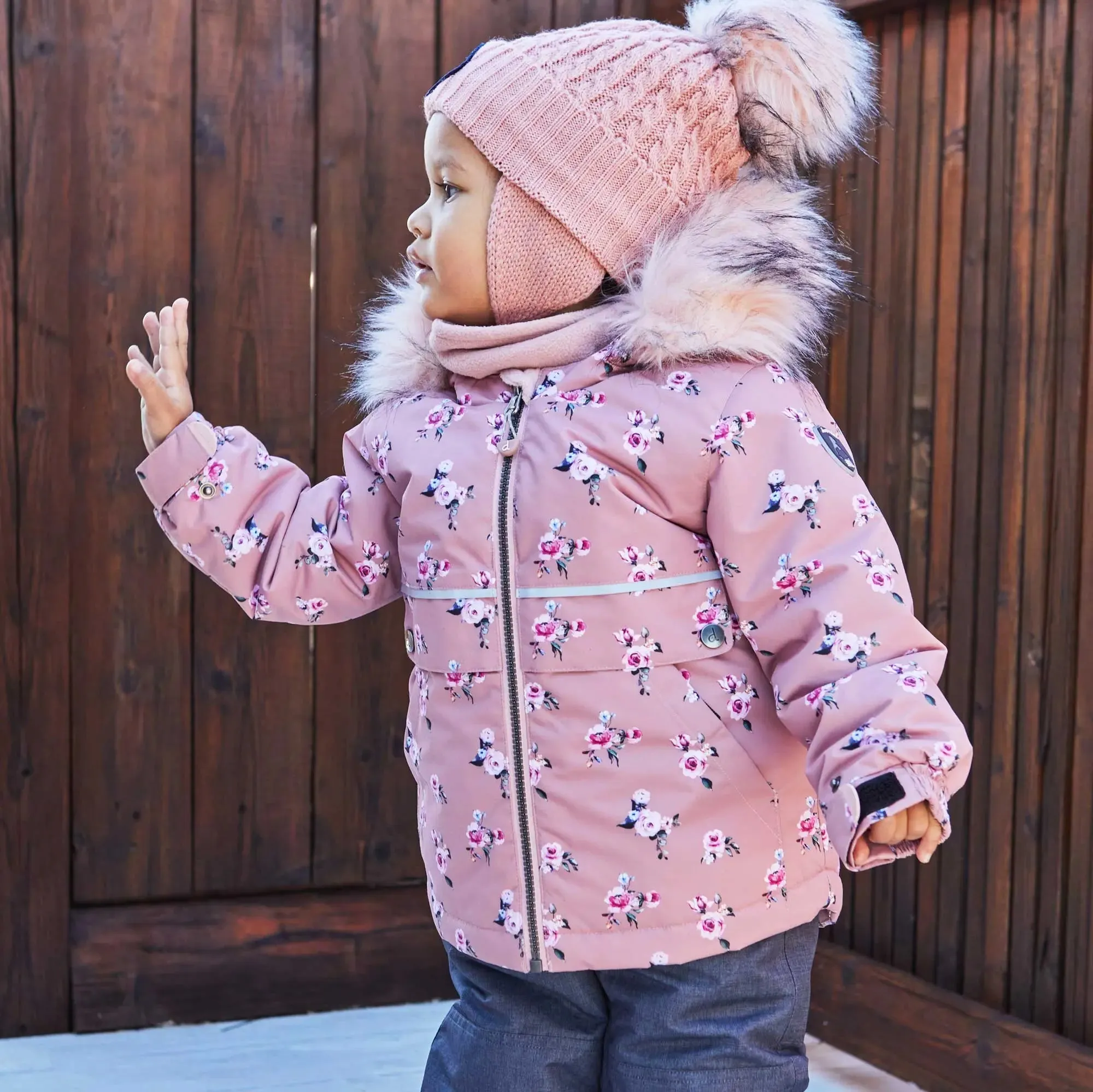 Printed Mini Roses Two Piece Girls Snowsuit With Solid Pant Dusty Rose | DEUX PAR DEUX