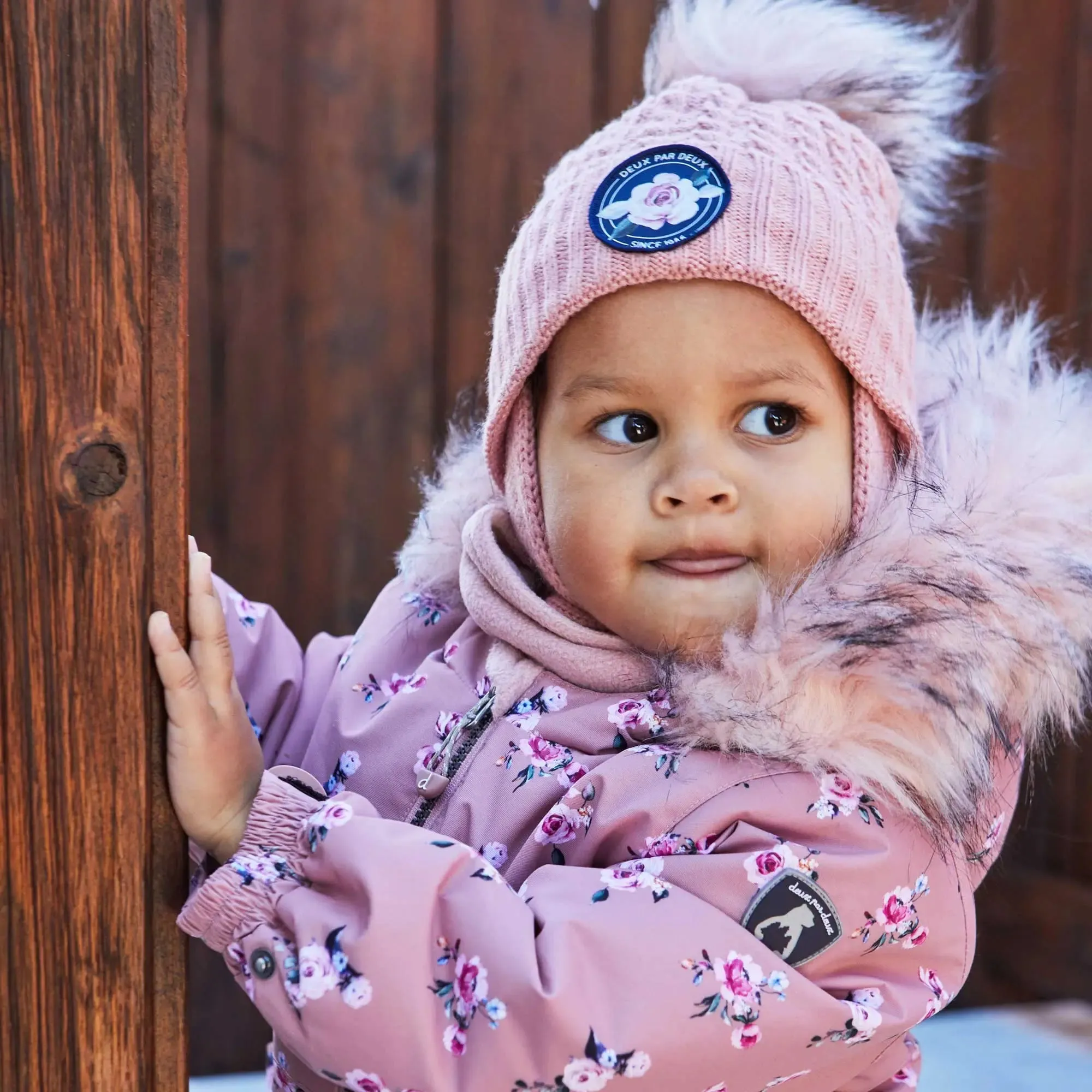 Printed Mini Roses Two Piece Girls Snowsuit With Solid Pant Dusty Rose | DEUX PAR DEUX