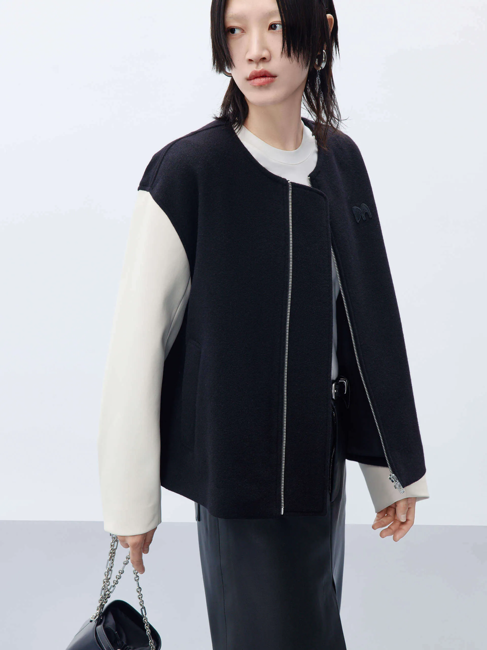 PU Sleeves Collarless Coat