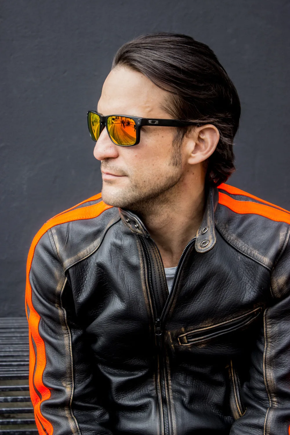 R80X Leather Jacket - Vivid Orange Stripes - Washed Distressed Black - Limited