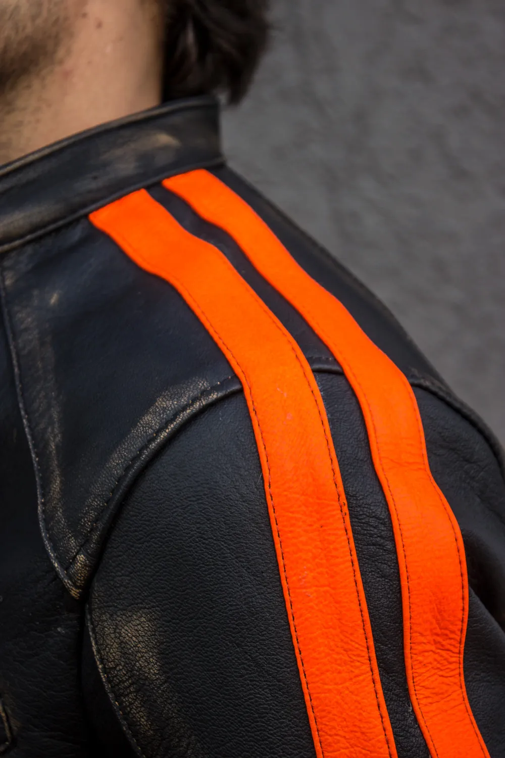 R80X Leather Jacket - Vivid Orange Stripes - Washed Distressed Black - Limited