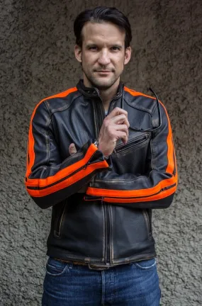 R80X Leather Jacket - Vivid Orange Stripes - Washed Distressed Black - Limited