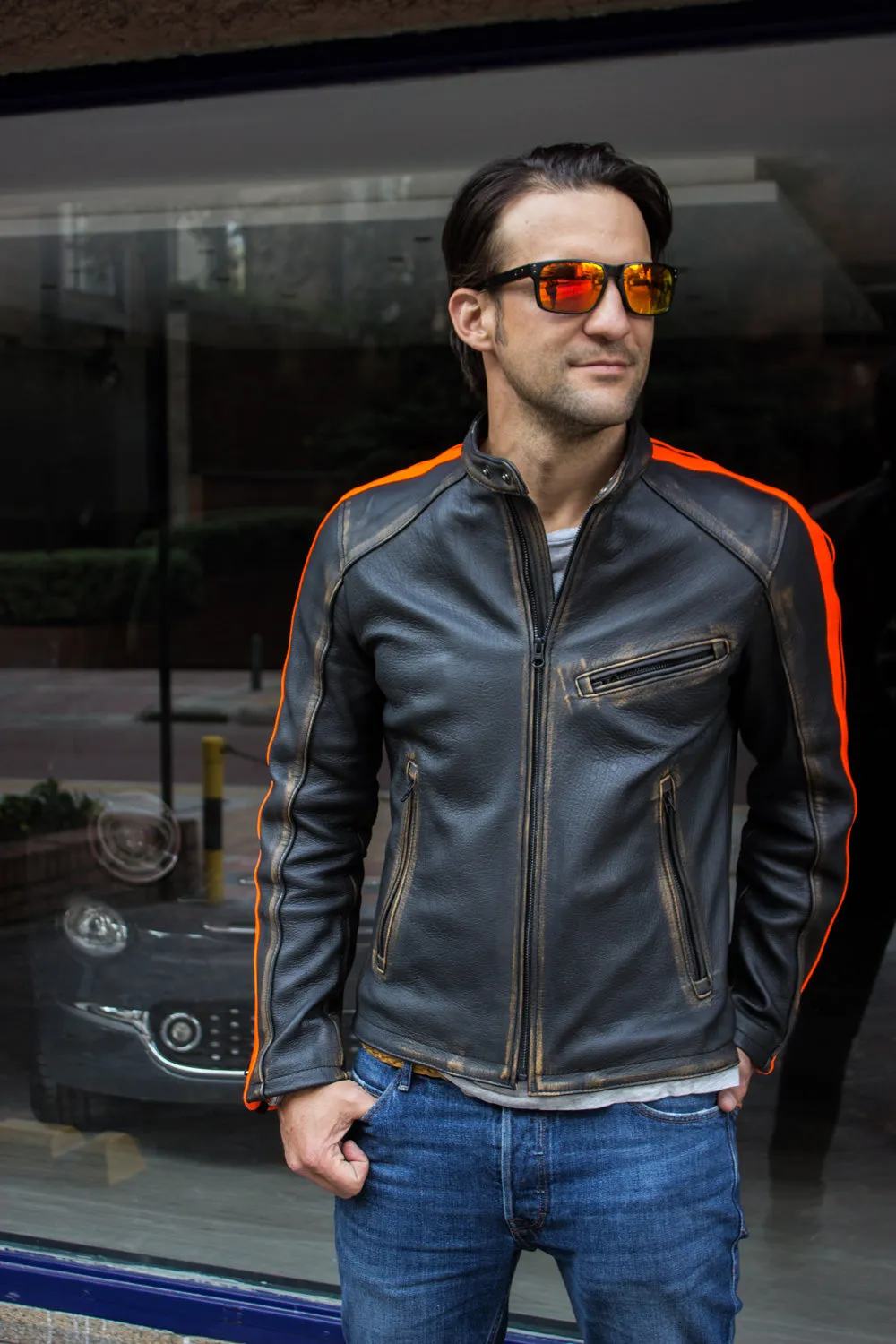 R80X Leather Jacket - Vivid Orange Stripes - Washed Distressed Black - Limited