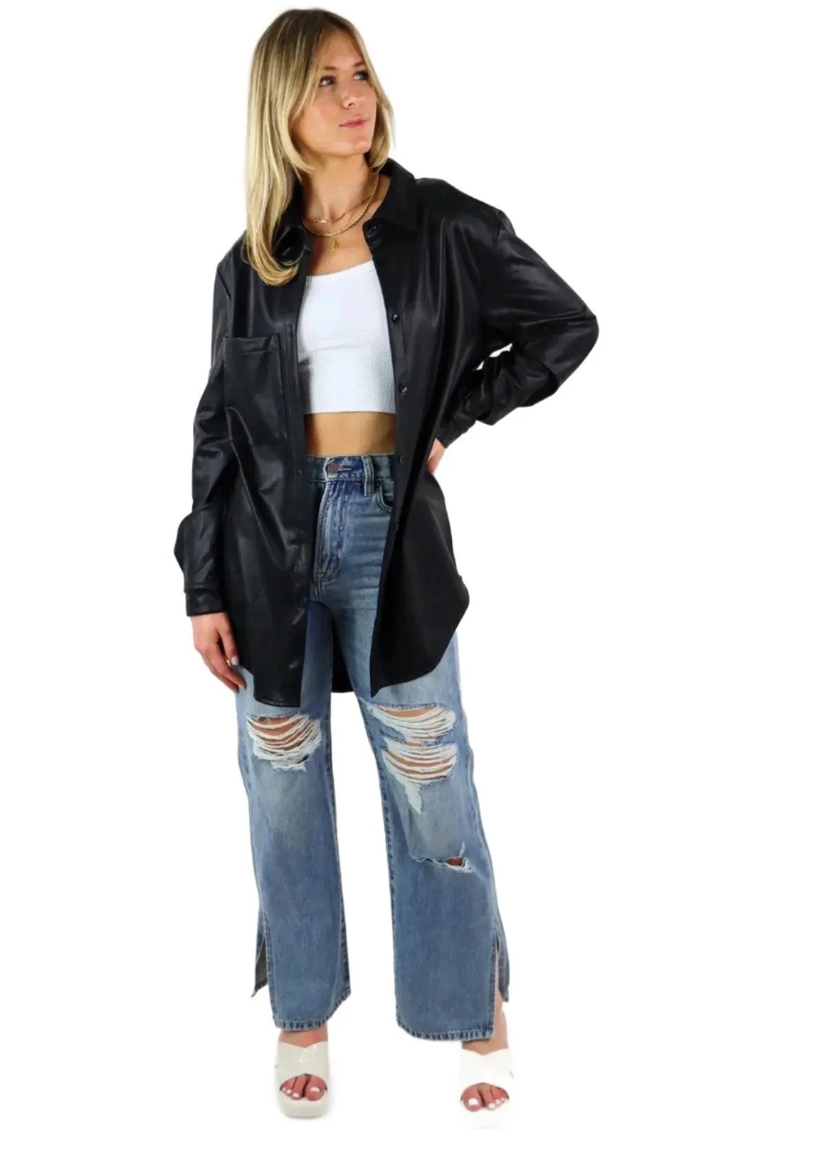 Rock N Rags - "Lost Me" Leather Shacket / Shirt Jacket - Black - Faux Leather Oversized