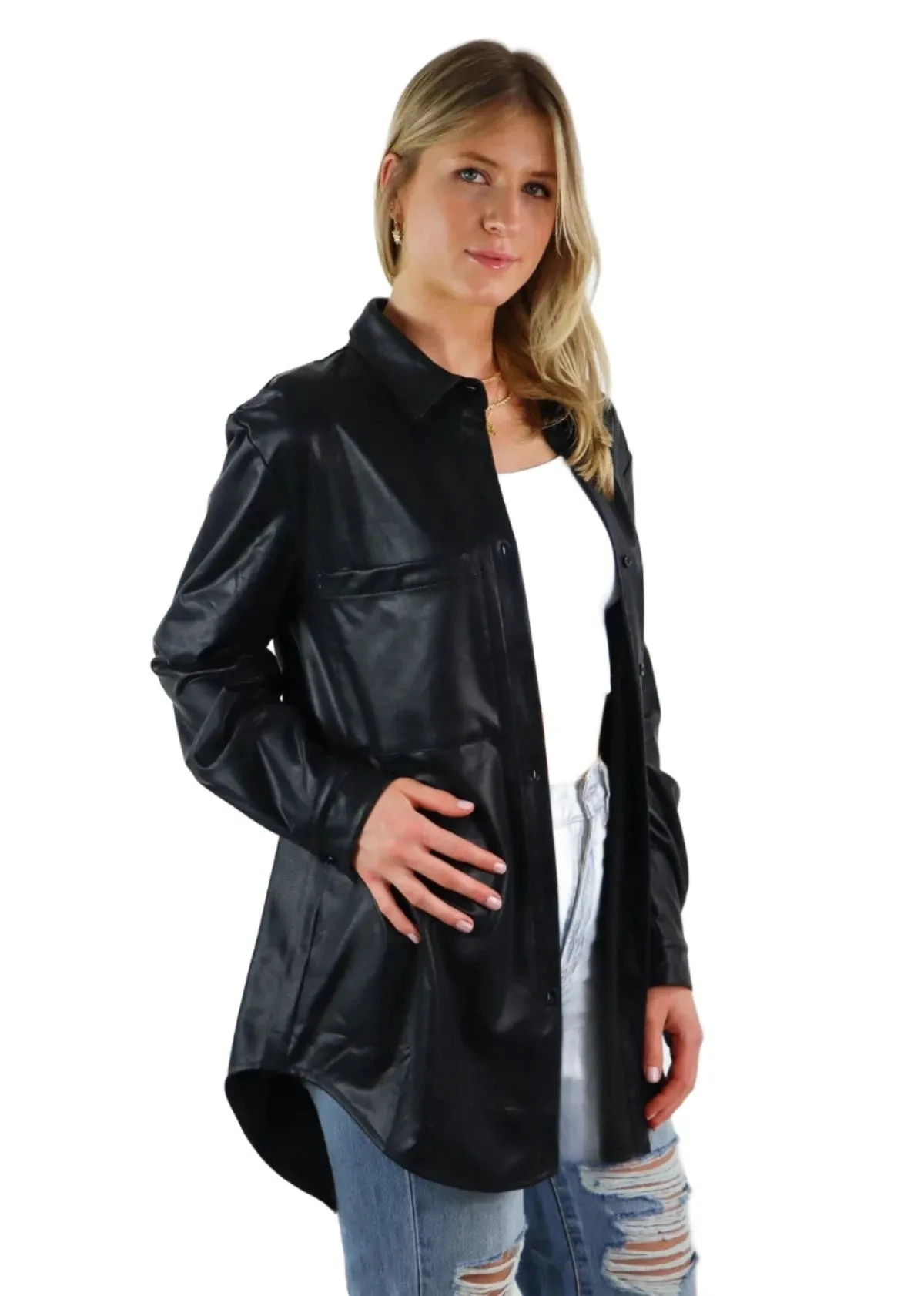 Rock N Rags - "Lost Me" Leather Shacket / Shirt Jacket - Black - Faux Leather Oversized