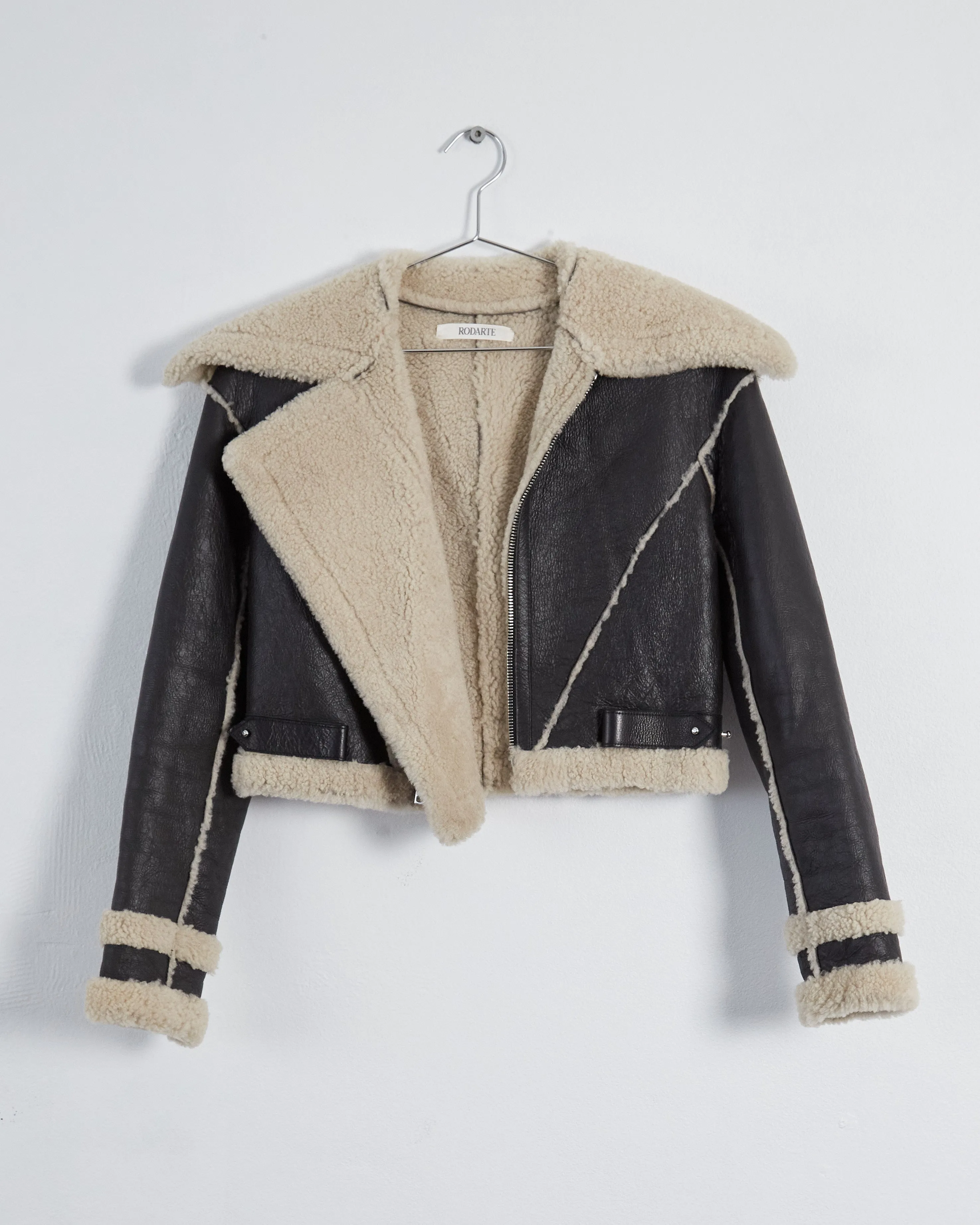 Rodarte cropped shearling leather jacket, chocolate & ecru, 6