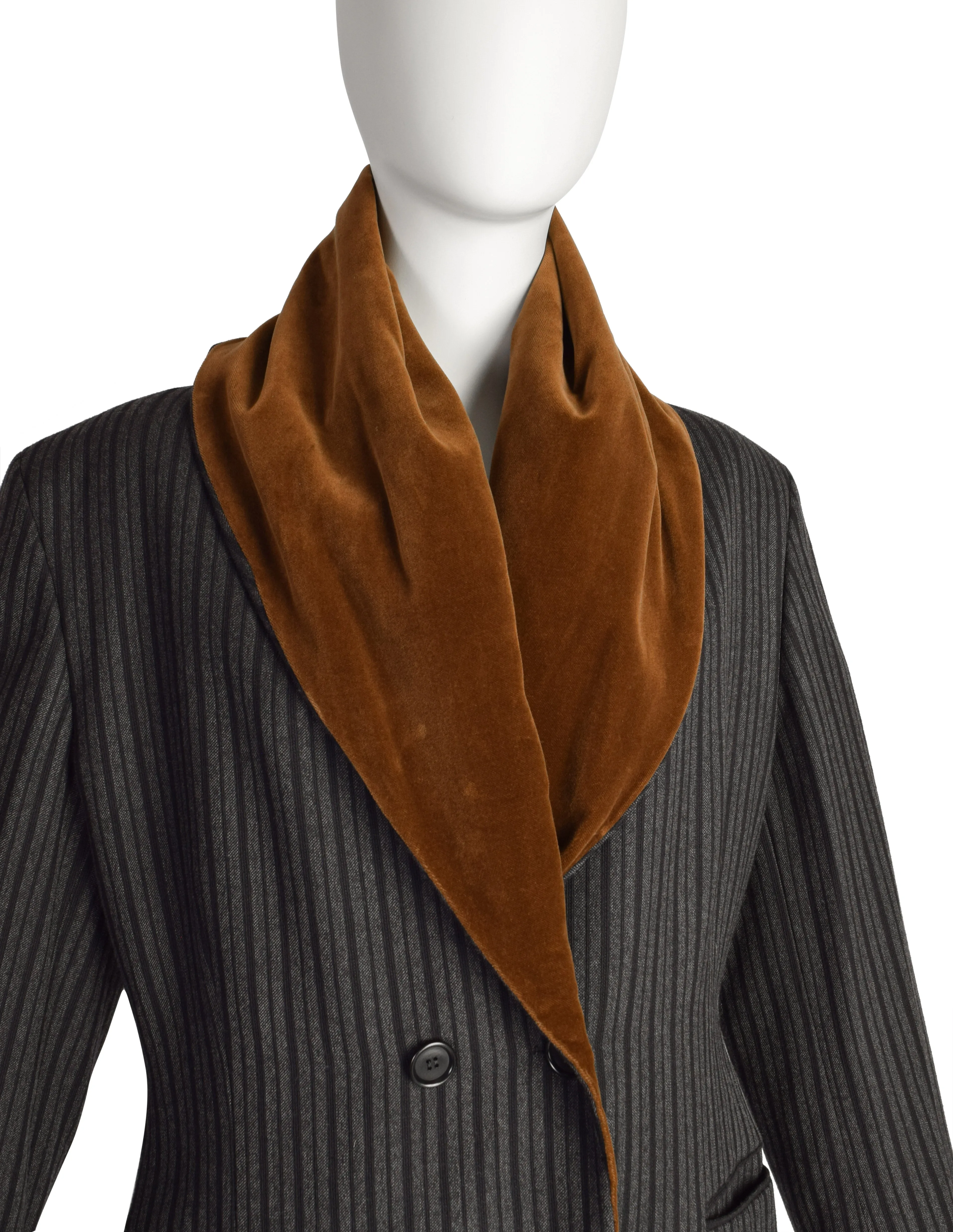 Romeo Gigli Vintage AW 1989 Black Grey Striped Wool Brown Velvet Shawl Collar Hooded Coat