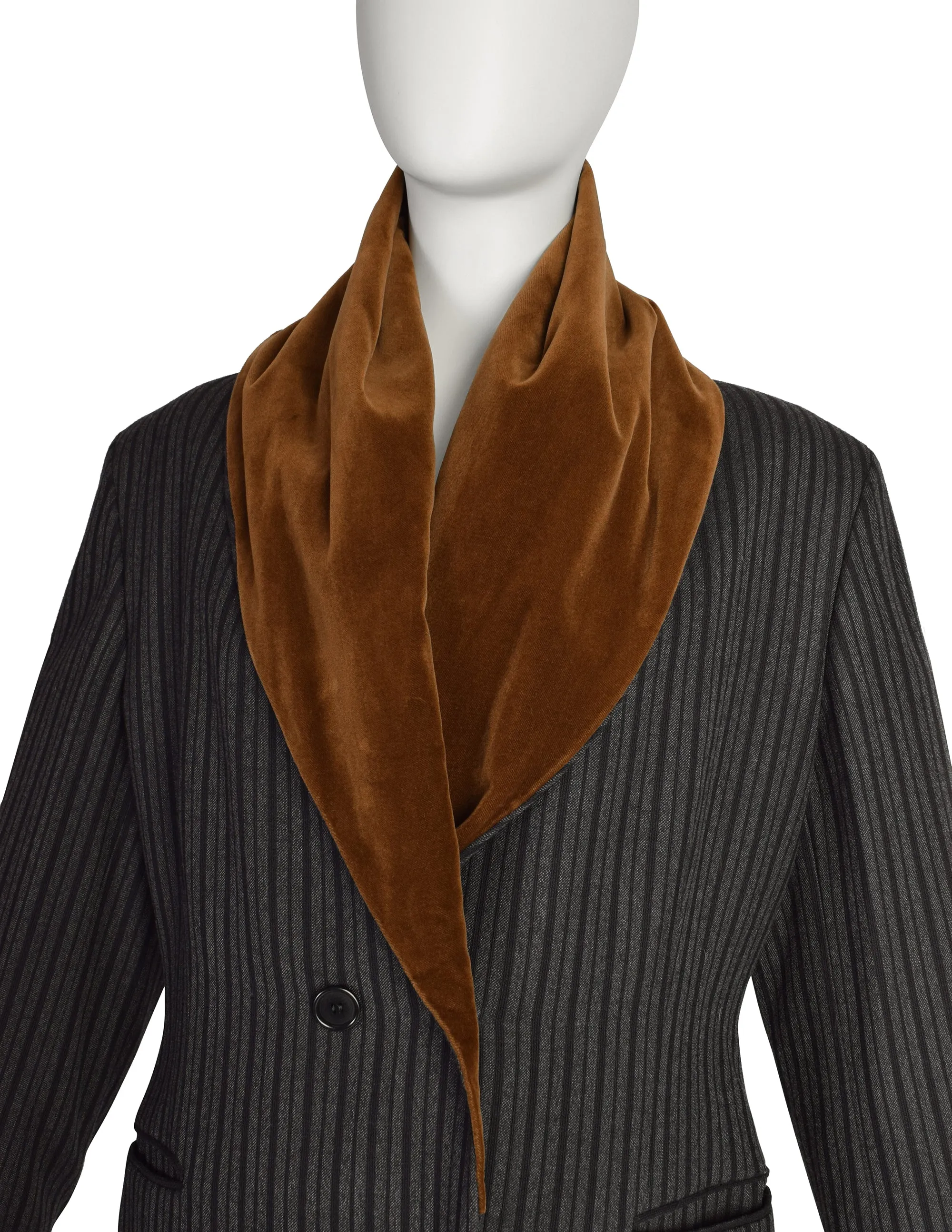 Romeo Gigli Vintage AW 1989 Black Grey Striped Wool Brown Velvet Shawl Collar Hooded Coat