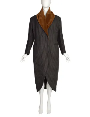 Romeo Gigli Vintage AW 1989 Black Grey Striped Wool Brown Velvet Shawl Collar Hooded Coat