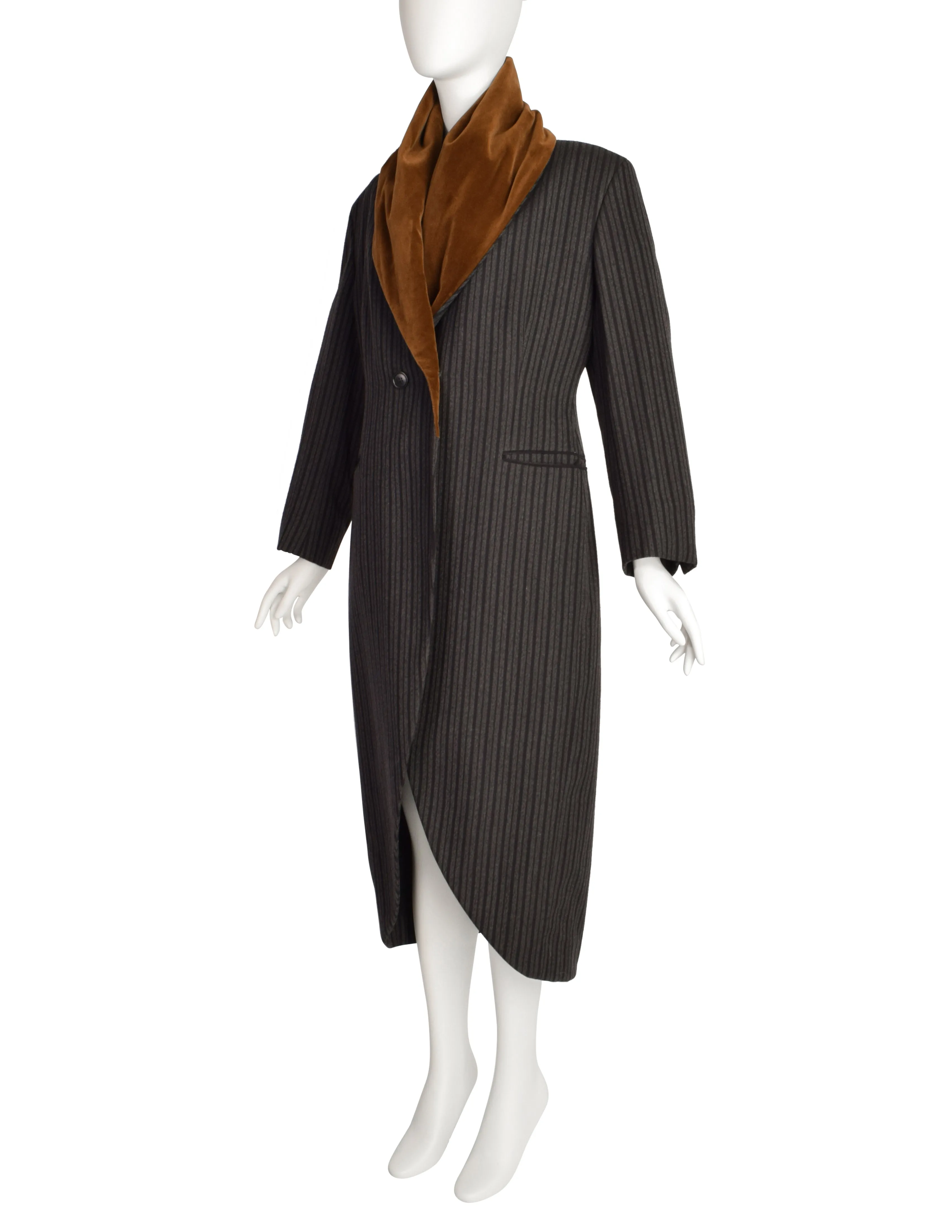 Romeo Gigli Vintage AW 1989 Black Grey Striped Wool Brown Velvet Shawl Collar Hooded Coat