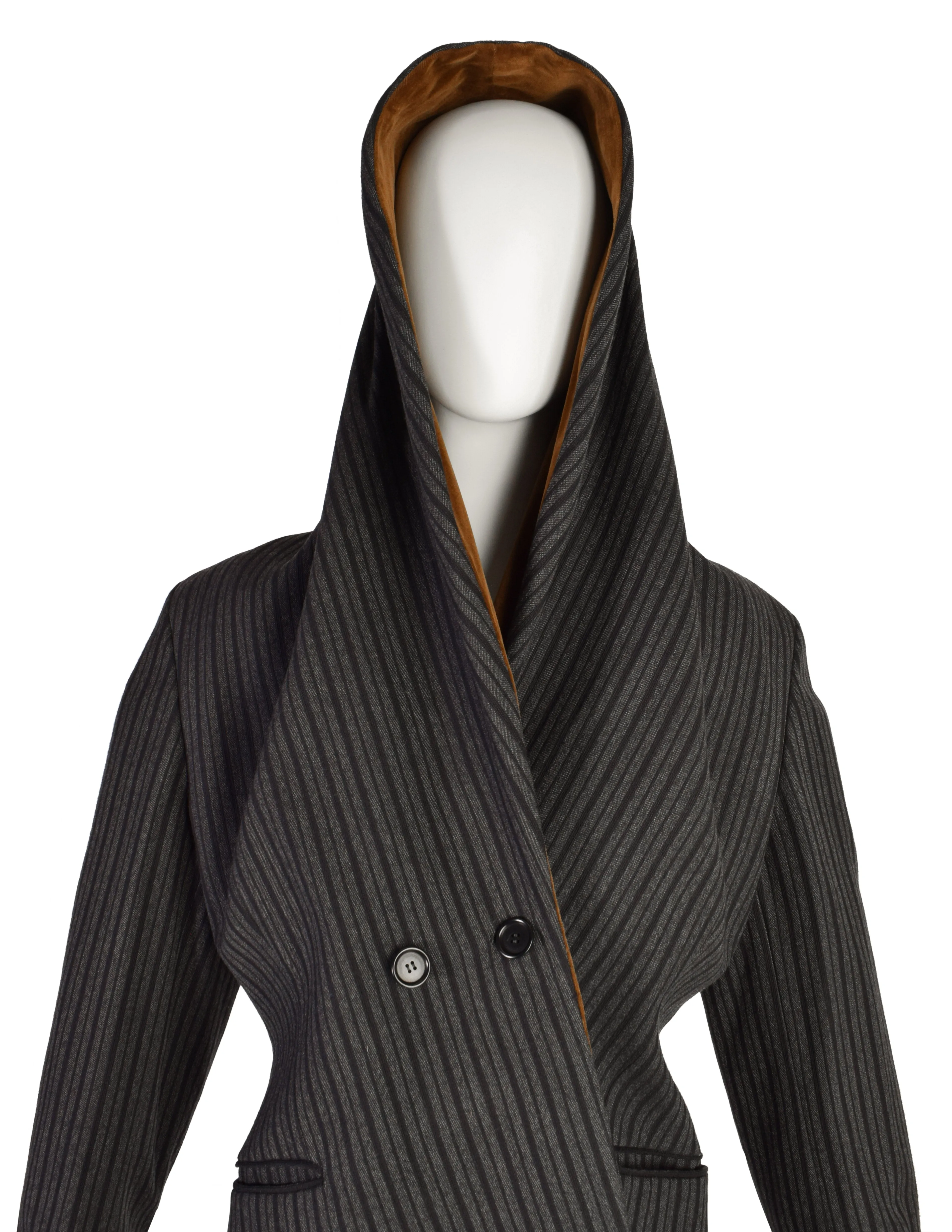 Romeo Gigli Vintage AW 1989 Black Grey Striped Wool Brown Velvet Shawl Collar Hooded Coat