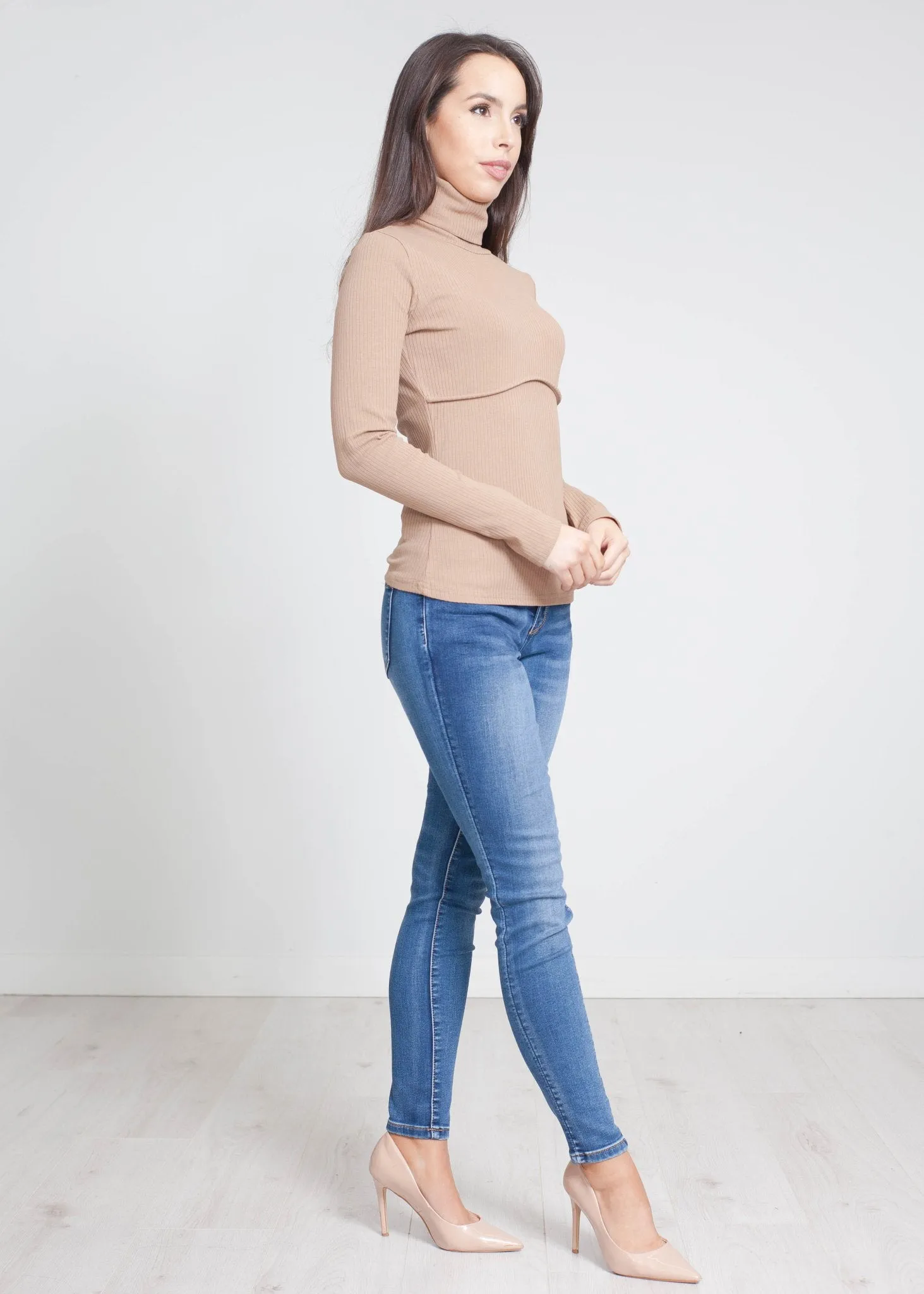 Scarlet Ribbed Polo Neck In Tan