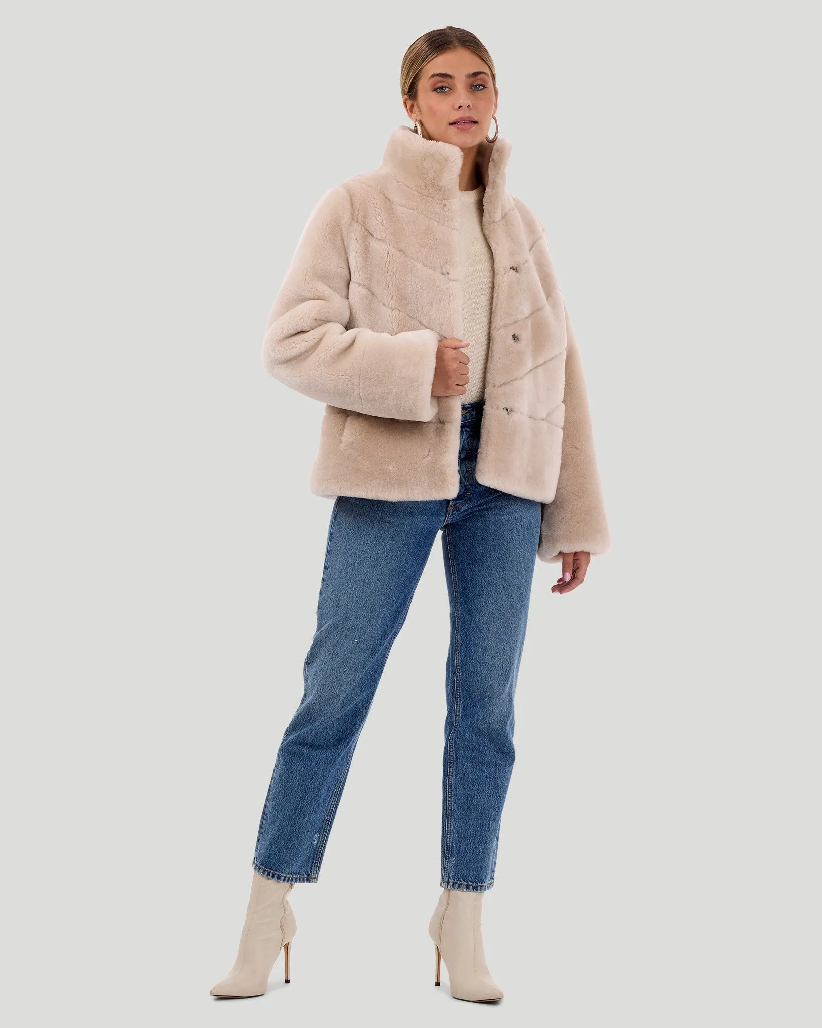 Select Shearling Lamb Chevron Jacket with Horizontal Bottom