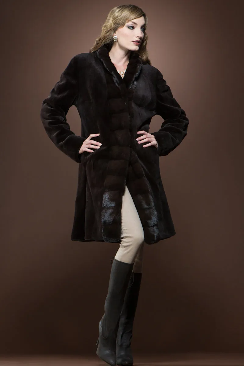 Sheared Mink Reversible Mid-Length Fur Coat with Natural Cross Cut Mink Trim