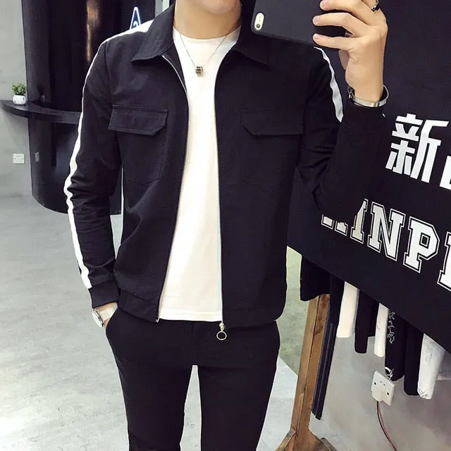 Solid Korean Style with Sleeves Stripes Casual Men Jacket