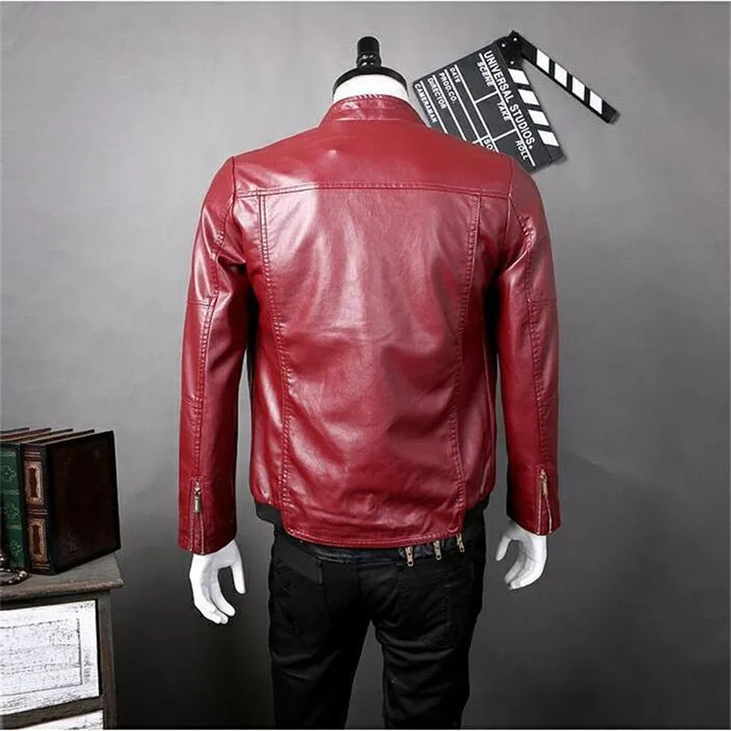 Solid Stand Collar Leather Jacket